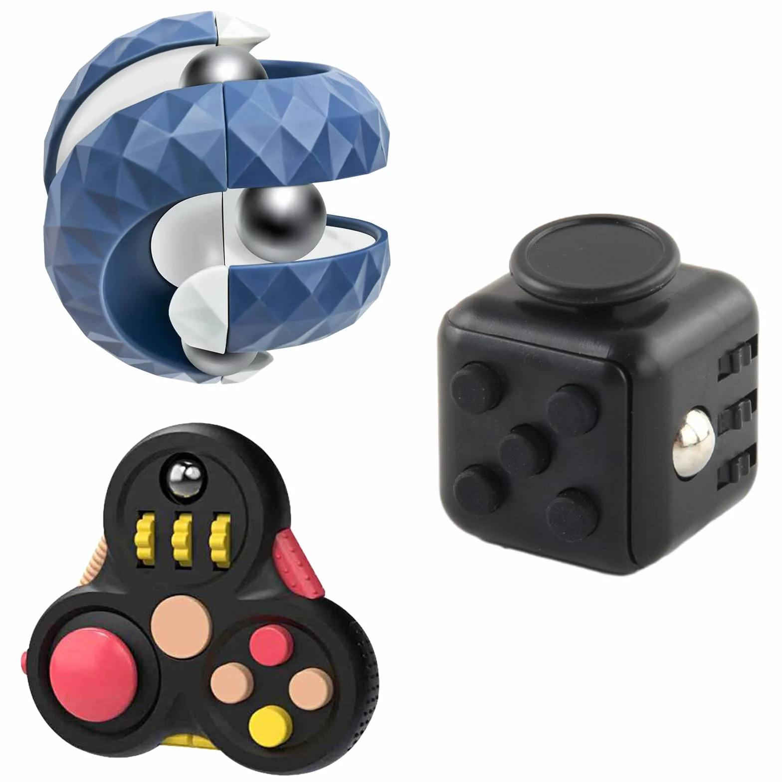 Fidget Cube zestaw 3 zabawek antystresowych, redukujące stres w przypadku nerwowości, obrotowa kula orbitowa do interaktywnych zabawek, kontroler, ADD, ADHD, autyzm, dla dzieci z autyzmem ADD, ADHD,