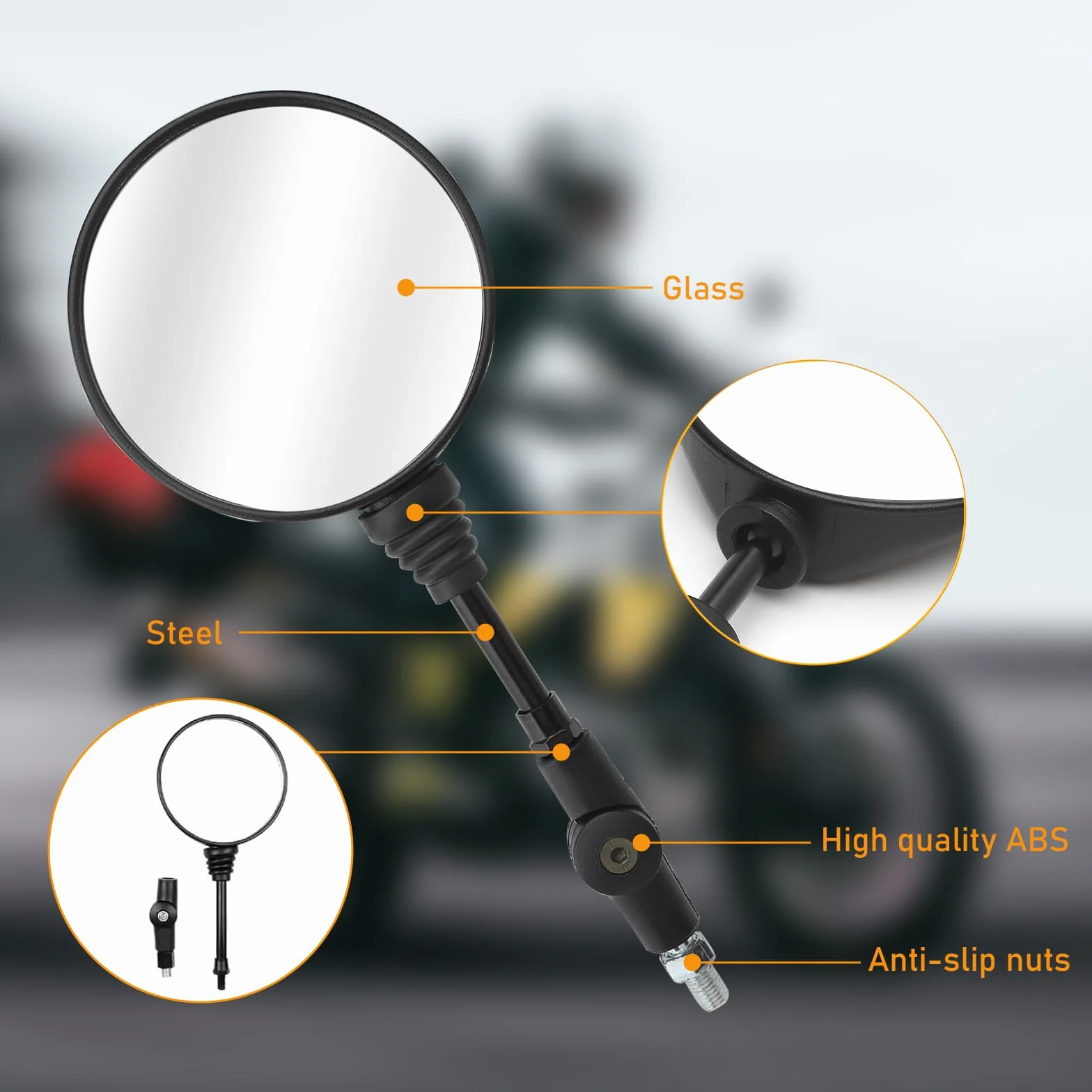 komplet uniwersalnych lusterek wstecznych do motocykla z gwintowanymi mocowaniami M8 i M10, mocowanie na kierownicy, lusterko na końcu kierownicy, lusterko wsteczne do ATV, skutera, hulajnogi