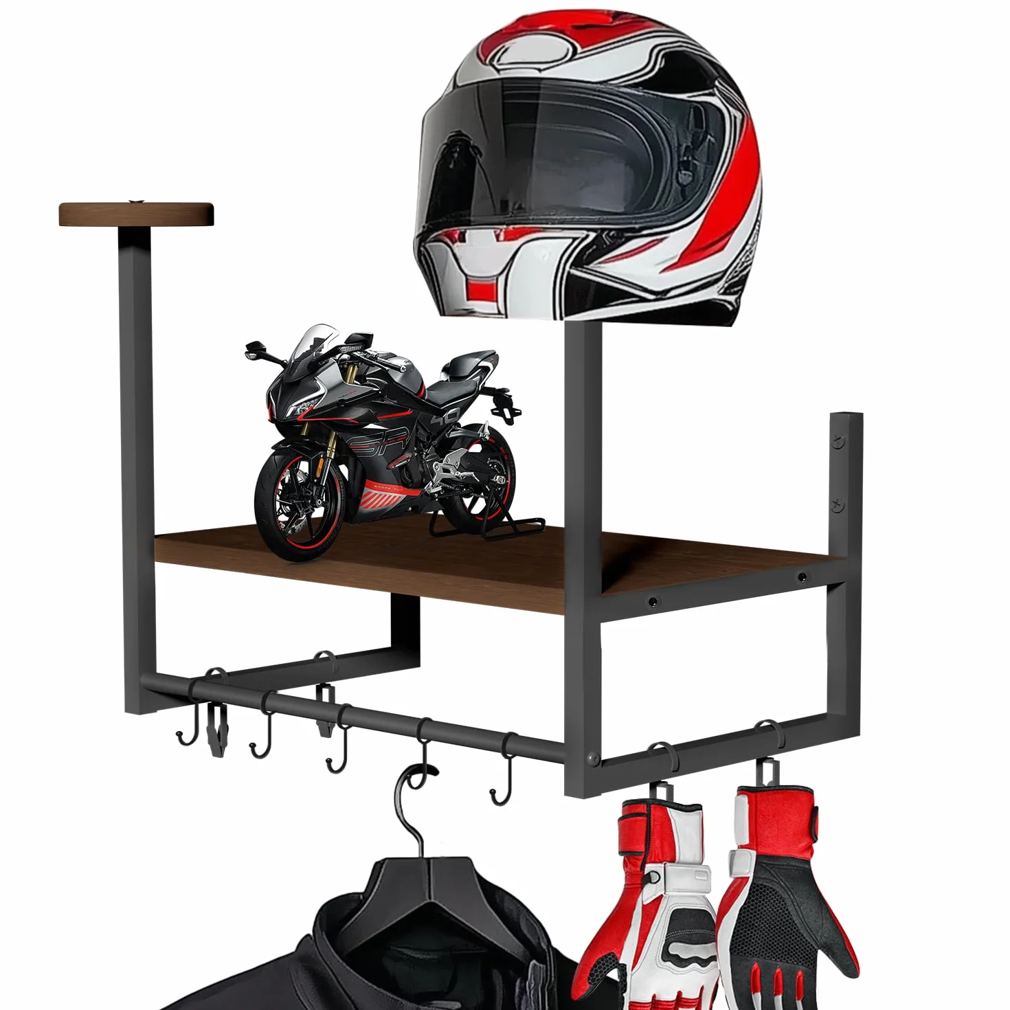 Uchwyt na kask motocyklowy, montowany na ścianie, jednowarstwowy uchwyt na kask retro, wykonany z żelaza i drewna, do przechowywania akcesoriów motocyklowych