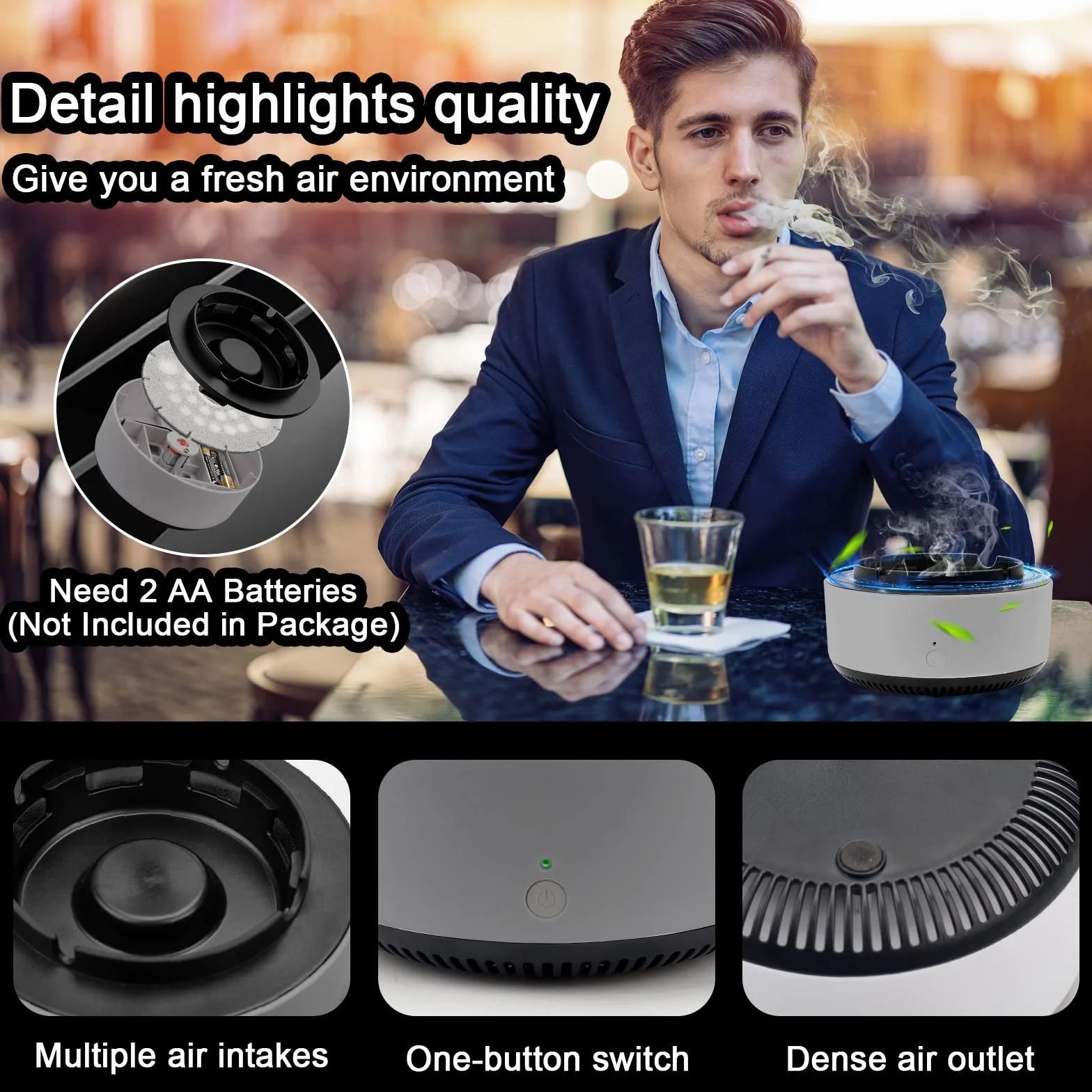 Pipihome 2 w 1 Oczyszczacz Powietrza i Popielniczka, Inteligentny Elektroniczny Oczyszczacz z Filtrem, Szary