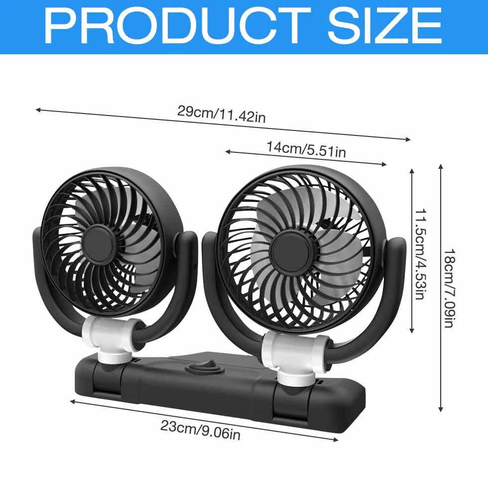 Wentylator samochodowy USB, 5 V, podwójna głowica, obracany o 360 stopni, z 2 prędkościami, obrót o 360°, regulowany wentylator, cichy wentylator do samochodów ciężarowych, vanów, SUV, pojazdów