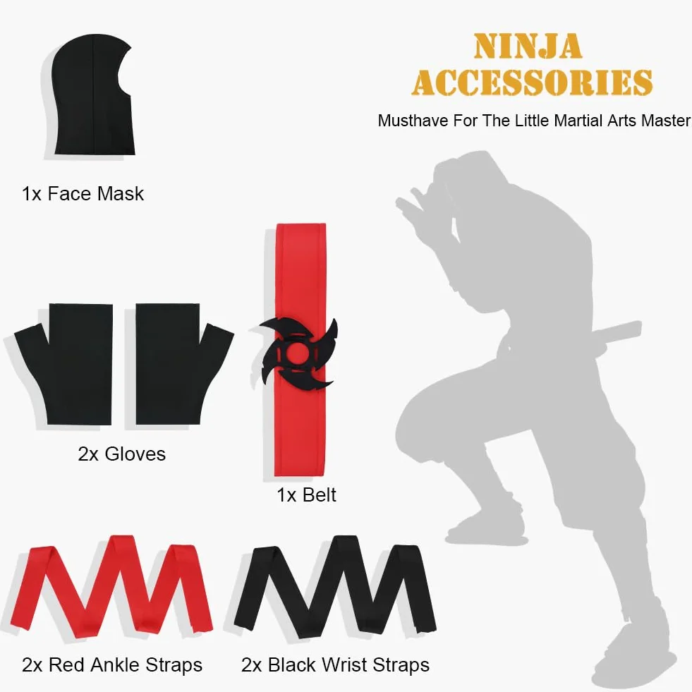AOOWU Kostium ninja dla dzieci, kostium ninja, Deluxe, zestaw z pianką ninja, akcesoria, zabawki, kostium na Halloween, dla dziewcząt i chłopców
