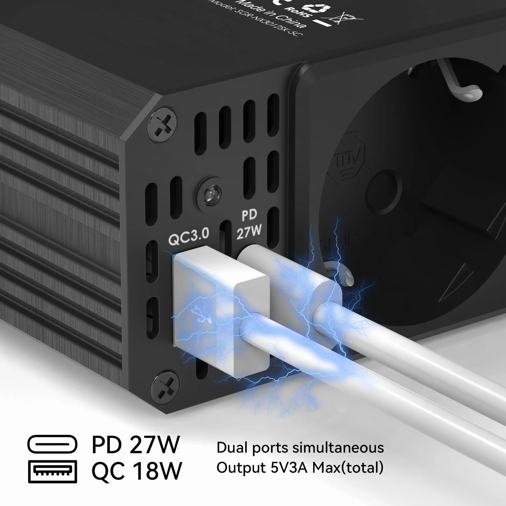 ALLWEI Przetwornica napięcia 300 W, 12 V na 230 V, przetwornica napięcia z przyłączem typu C i USB, inwerter 12 V 220 V, gniazdo samochodowe do samochodu, ładowania telefonów komórkowych, laptopów i