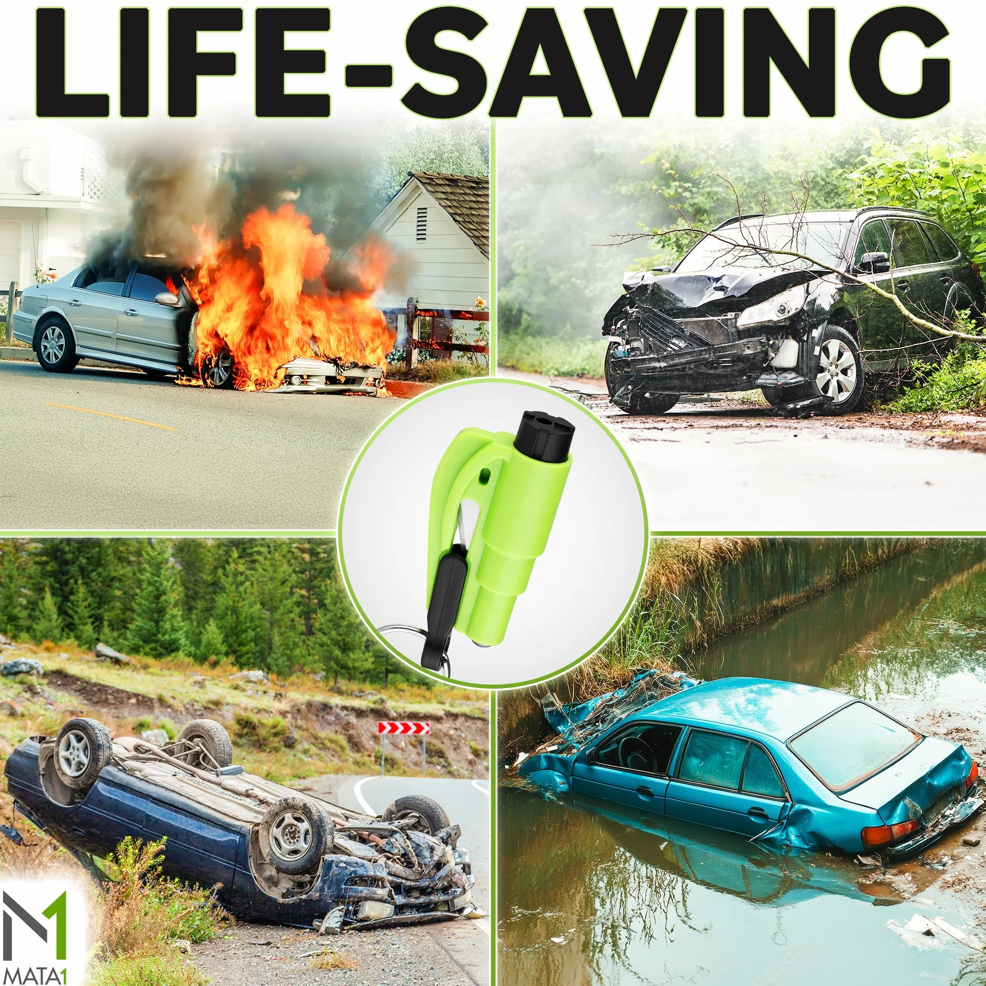 3-in-1 Car Safety Escape Tool Emergency Hammer Seat Belt Cutter Window Glass Breaker 2 Pack Green by Mata1