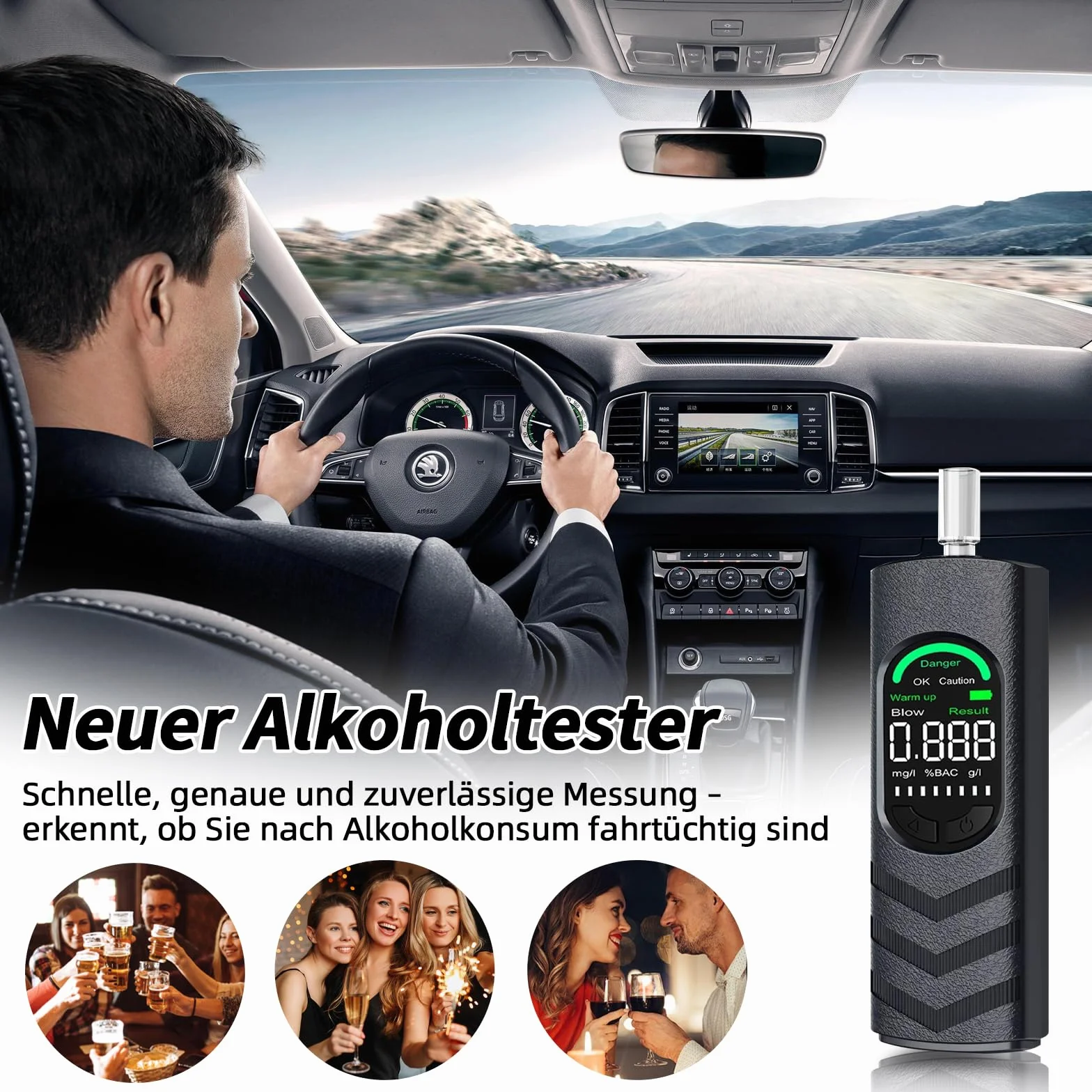 Alkotester, alkomat z 30 ustnikami, miernik alkoholu z cyfrowym wyświetlaczem LCD, profesjonalny alkomat, alkomat do domowego testu alkoholu
