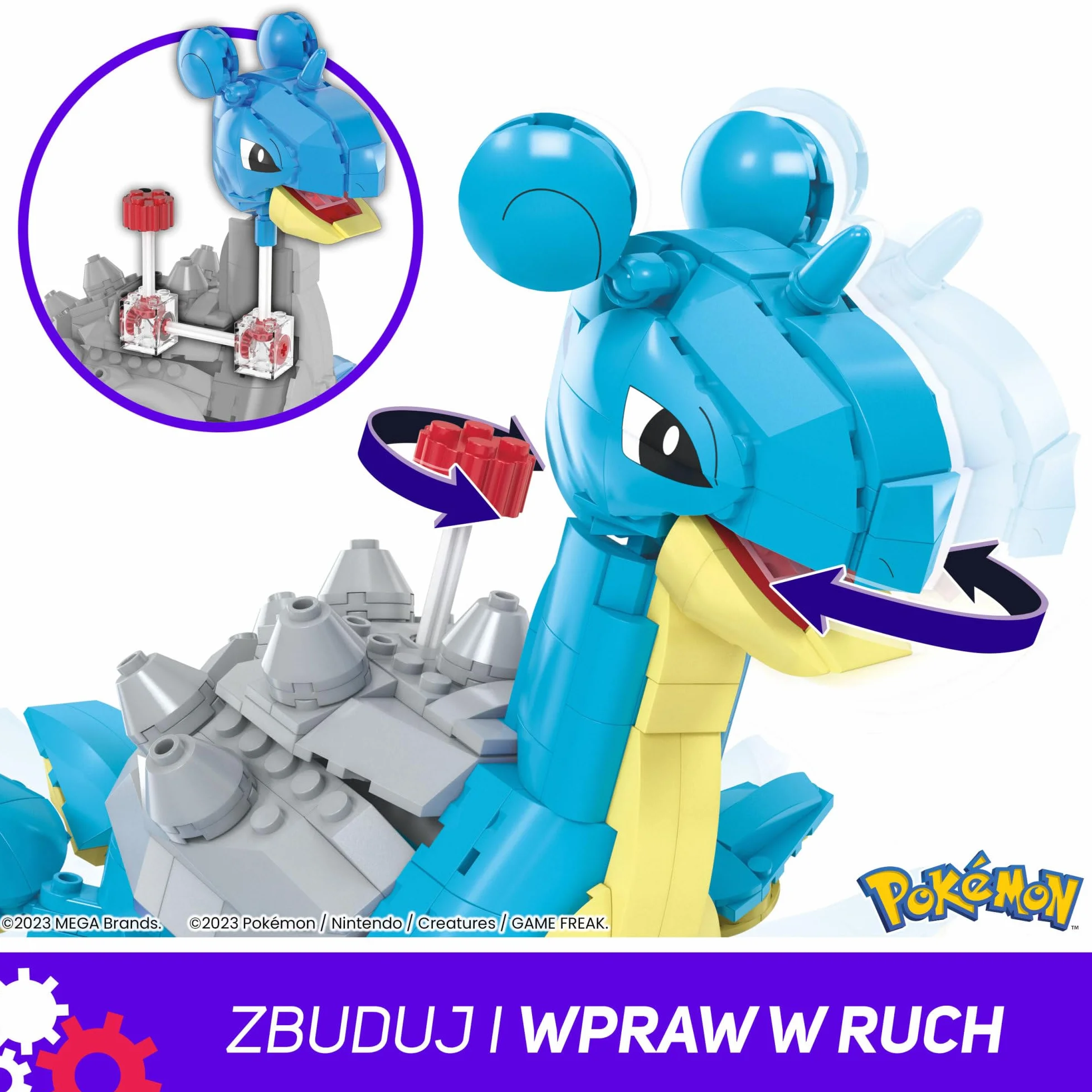 MEGA Pokemon Lapras Zestaw klocków (527 elementów) z funkcją ruchu, do zbudowania i ustawiania w różnych pozach, 17,5 cm wysokości, HKT26