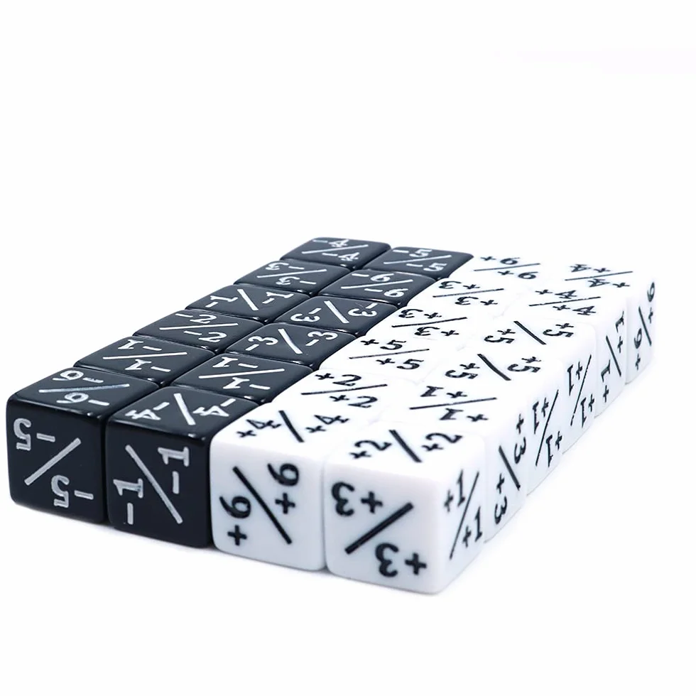 DollaTek Liczniki D6 ko?ci 12X bia?e +1/+1 i 12 x czarne -1/-1 do CCG MTG Magic The Gathering Card Games 12 szt. ?etonów i ko?ci lojalno?ciowych 24 szt. z torb?