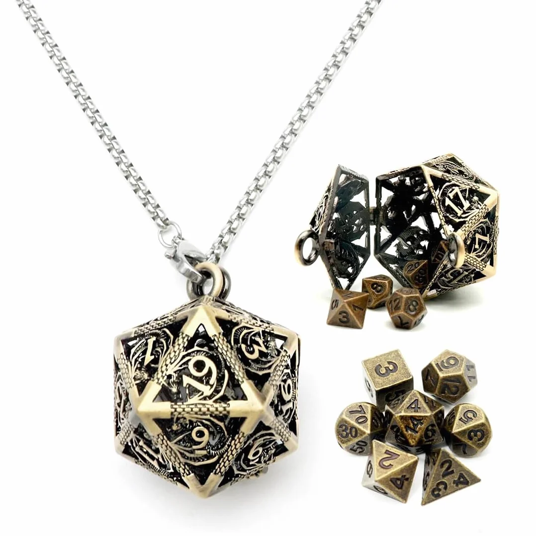 Mini kostka DND, zestaw do gry z obudową do MTG RPG D&D D4 D6, D8, D%, D10, D12, D20 - antyczny brąz