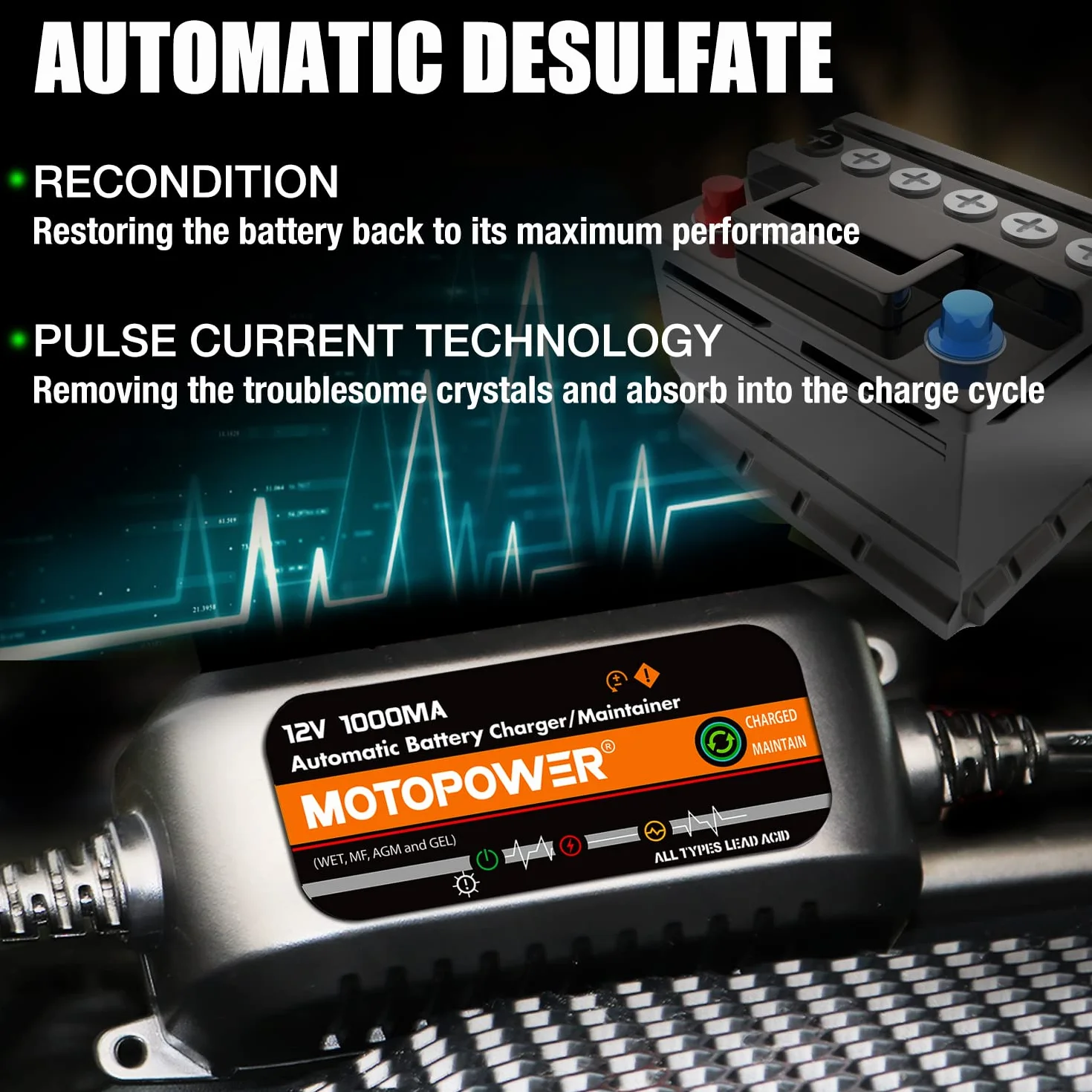 MOTOPOWER MP00205B 12V 1000mA W pełni automatyczna ładowarka/konserwator baterii - czarny