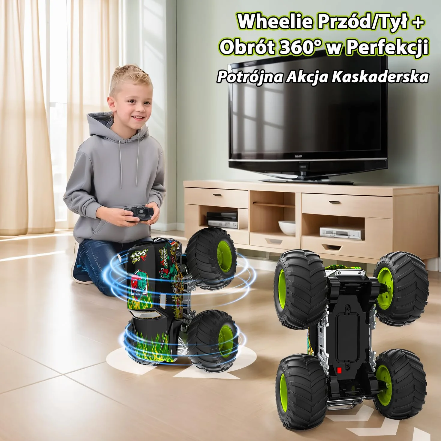Zdalnie Sterowany Monster Truck 1:16, 2,4 GHz dla Dzieci od 4 Lat - Amfibia z Światła, Robi Wheelie, Staje Dęba, Obroty 360° - Auto RC dla Chłopców i Dziewczynek