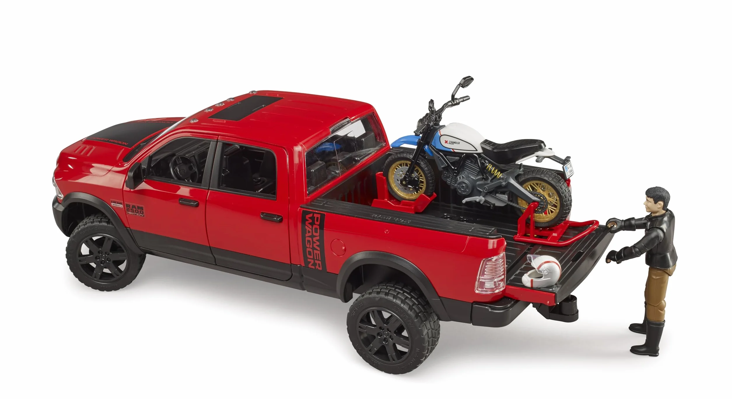 bruder 02502 - RAM 2500 Power Wagon z Ducati Desert Sled i kierowcą, pojazd terenowy, jeep, motocykl, pojazd