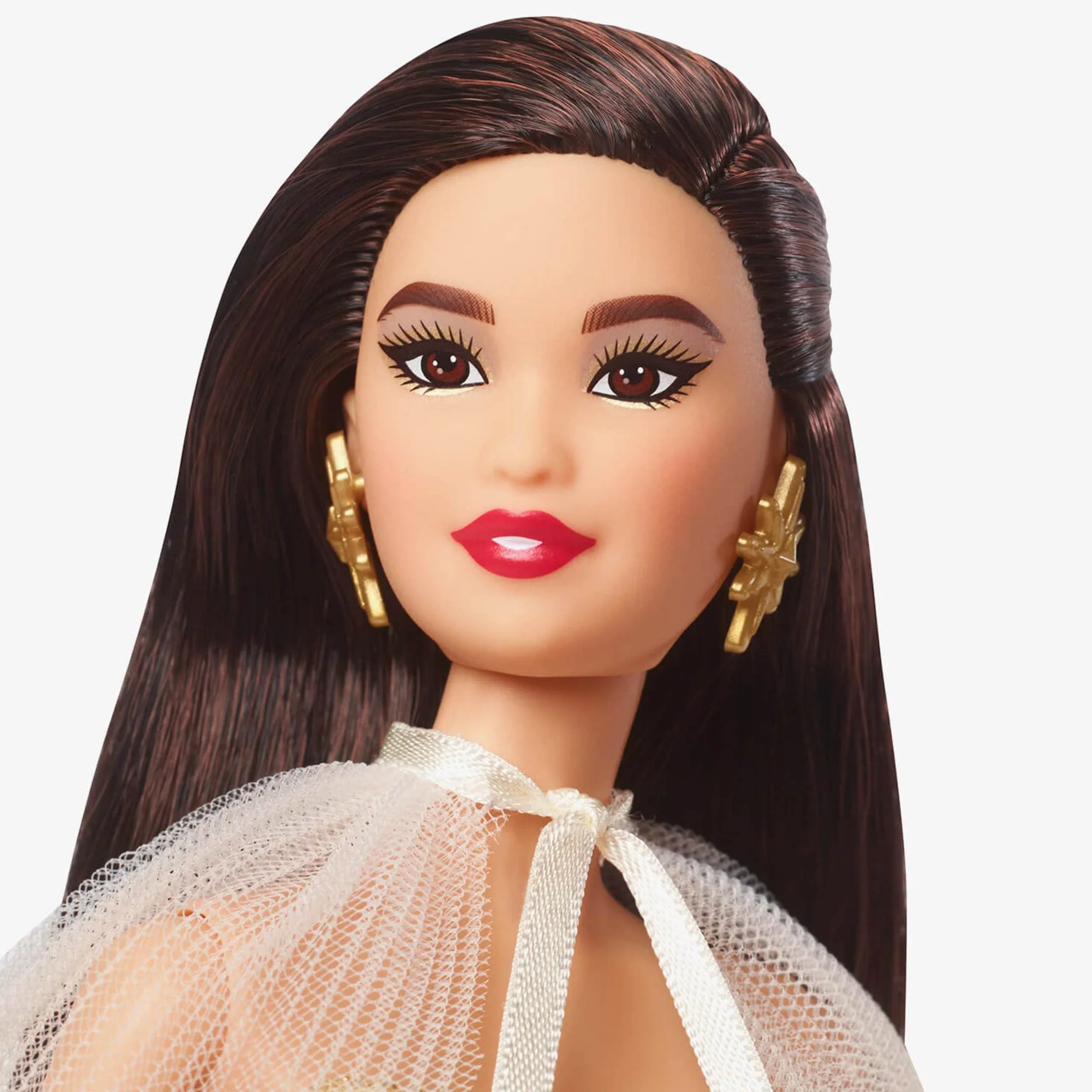 Barbie Lalka świąteczna Barbie Signature z czarnymi włosami w złocistej sukni i ozdobnym pudełku, prezent sezonowy dla kolekcjonerów HJX07