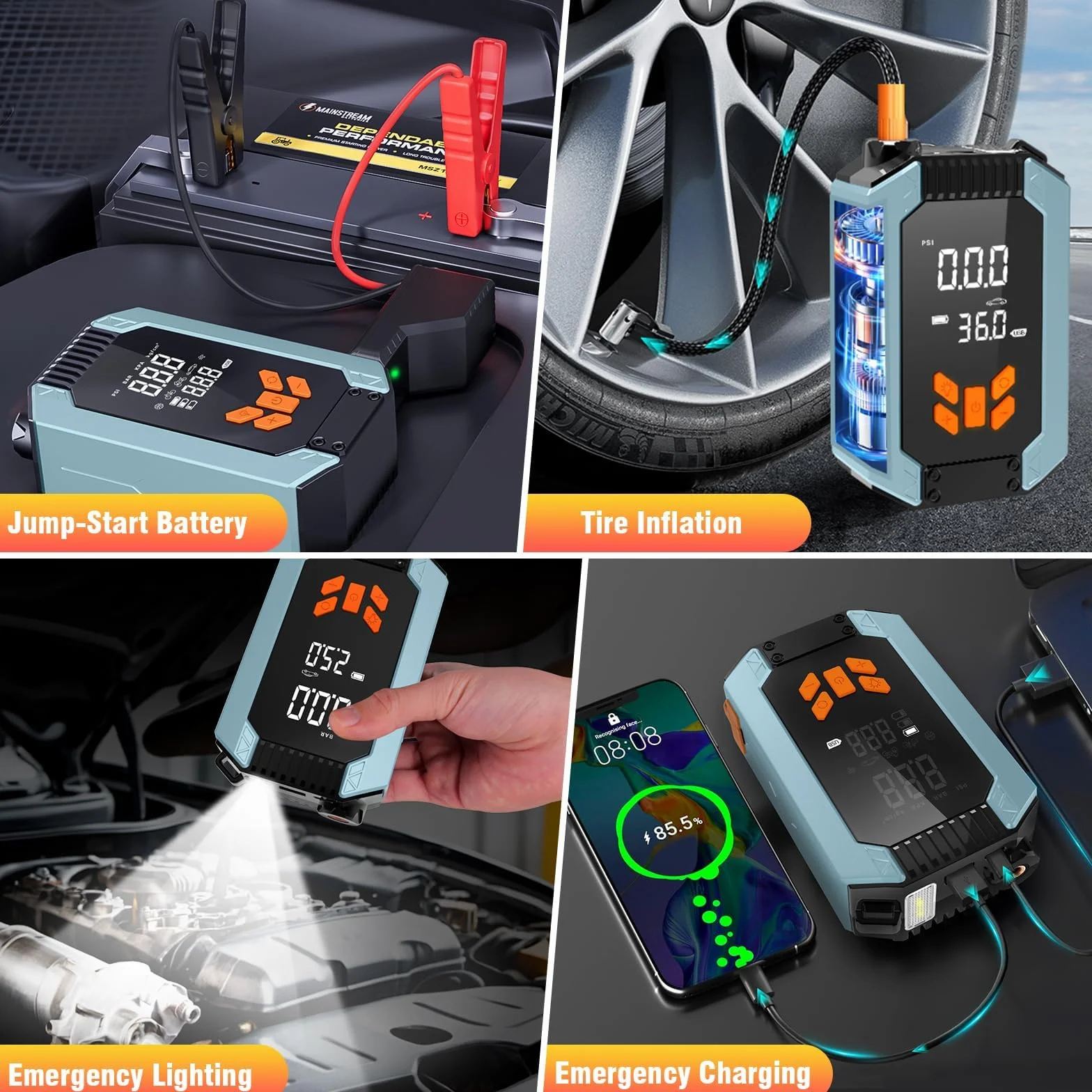 Starthilfe Powerbank z kompresorem, 150PSI 4000A Starthilfe do samochodów na benzynę 9,0L i olej napędowy 8,0L, 12V Powerbank do rozruchu z wyświetlaczem LCD, latarką LED, wskaźnikiem