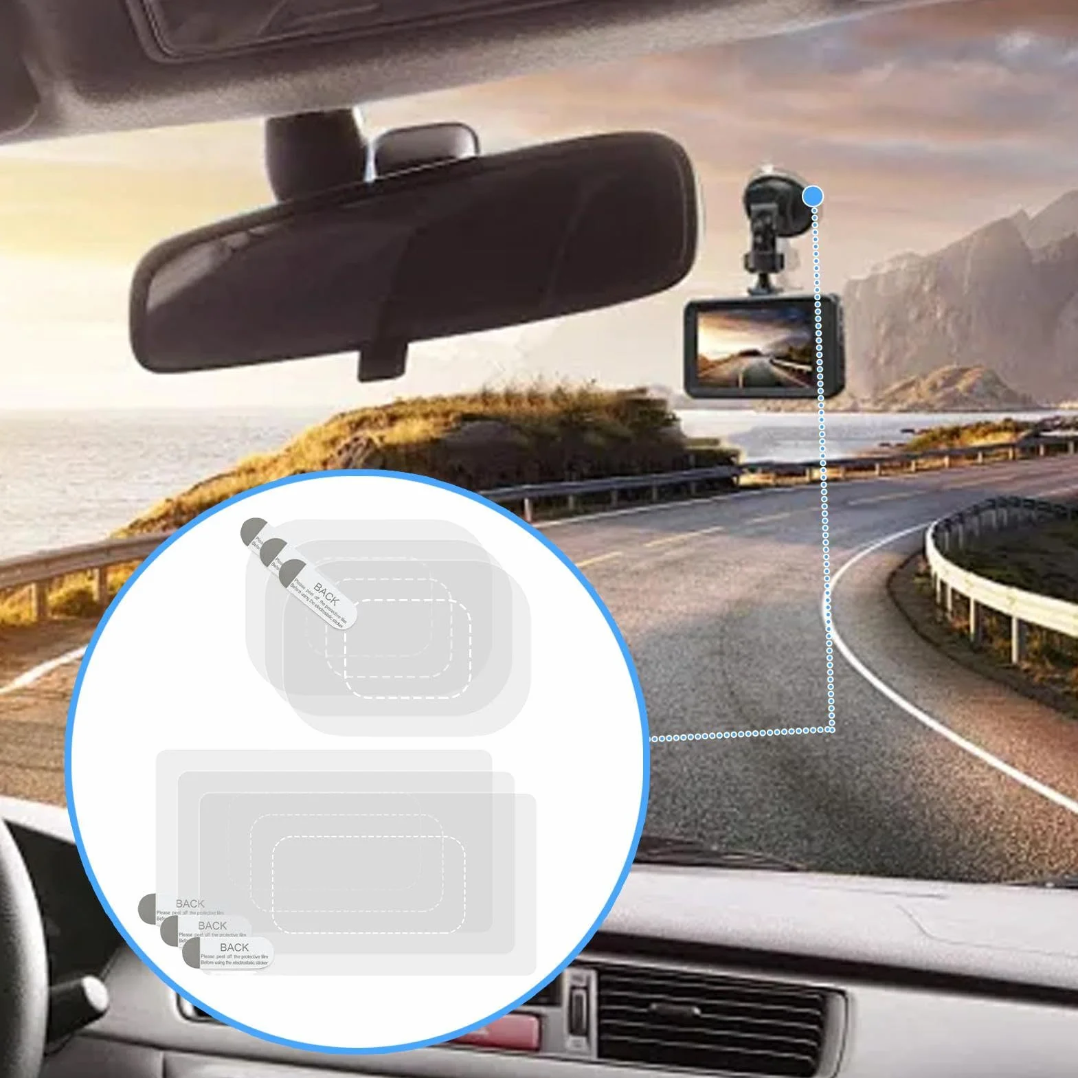 Dash Cam Windshield Stickers - 6pcs Electrostatic Transparent Static Film for Car Dashcams, Mounting No Glue Window Screen Sticker, Auto Interior Accessory Protection Kit