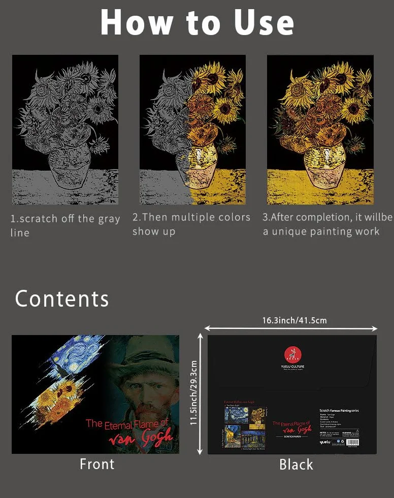 EGOSKY Obraz do drapania, 4 sztuki Van Gogha, tęczowy papier dla dorosłych i dzieci, DIY, sztuka, rękodzieło, drapak z 4 narzędziami do drapania