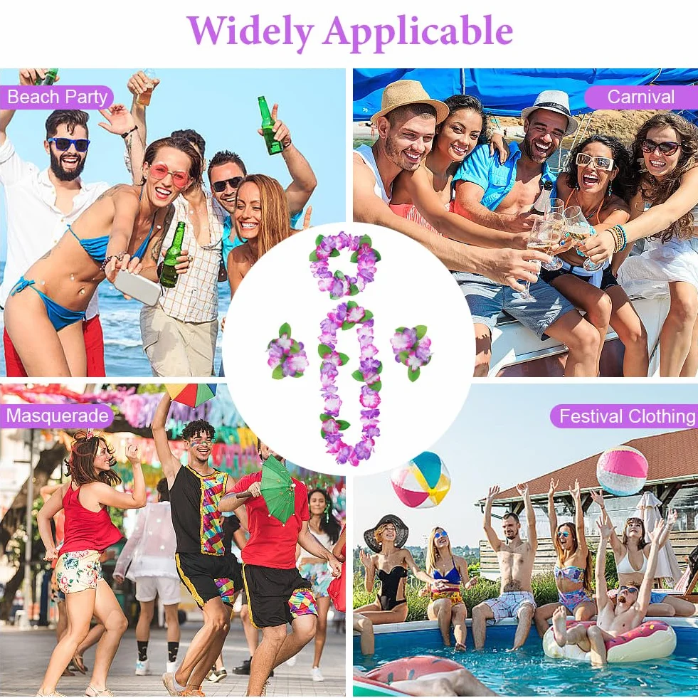 Aomig Hawajskie girlandy hawajskie, zestaw Leis, hawajska tropikalna plaża, fantazyjne przebrania, dekoracje imprezowe, naszyjnik z kwiatami, opaski na głowę i bransoletki dla dorosłych, dzieci, na