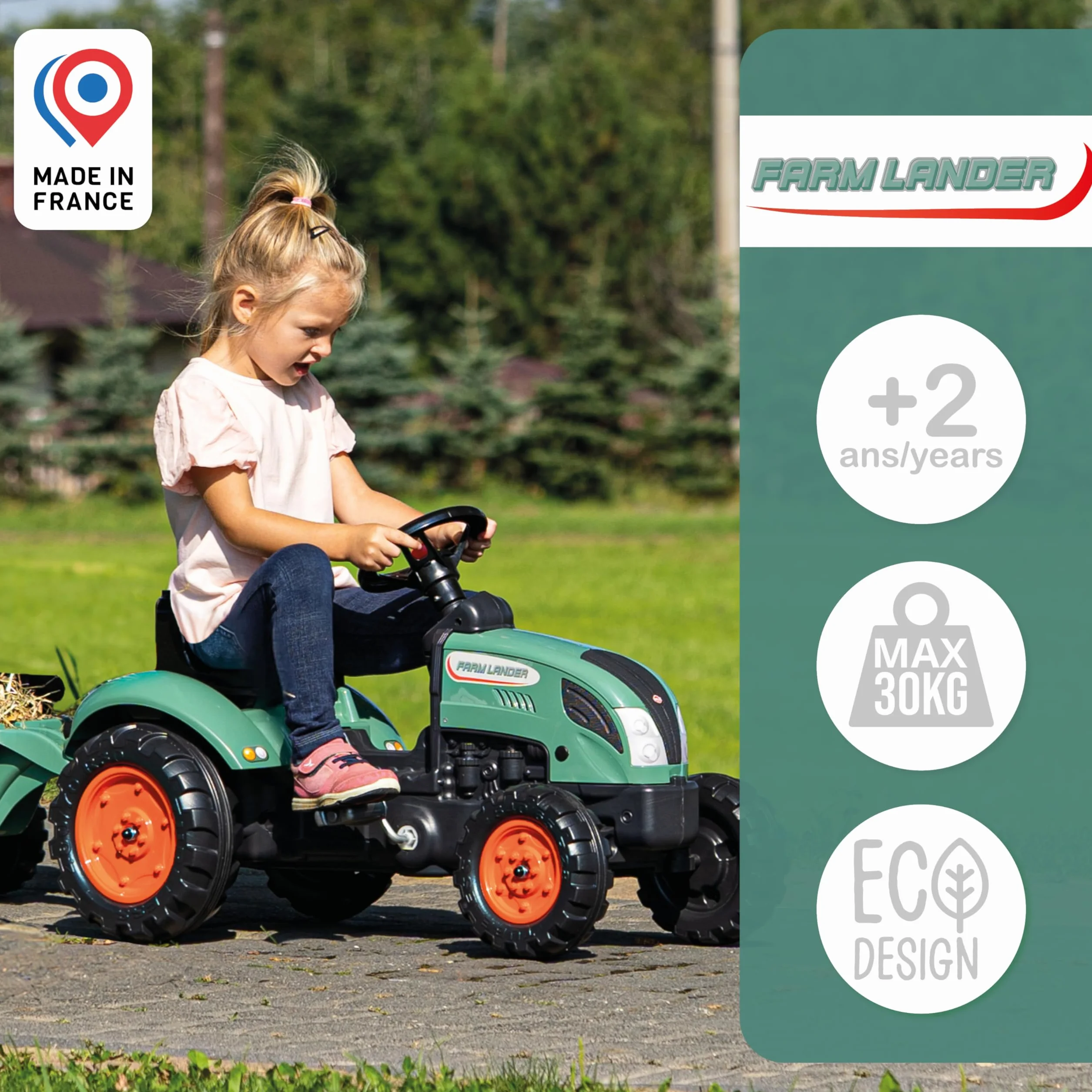 FALK Ciągnik pedałowy Farm Lander z przyczepą-od 2 lat - 50% plastiku pochodzącego z recyklingu - Wyprodukowano we Francji - Kierownica z klaksonem-2054L, 2054L, Ciemnozielony-2054L