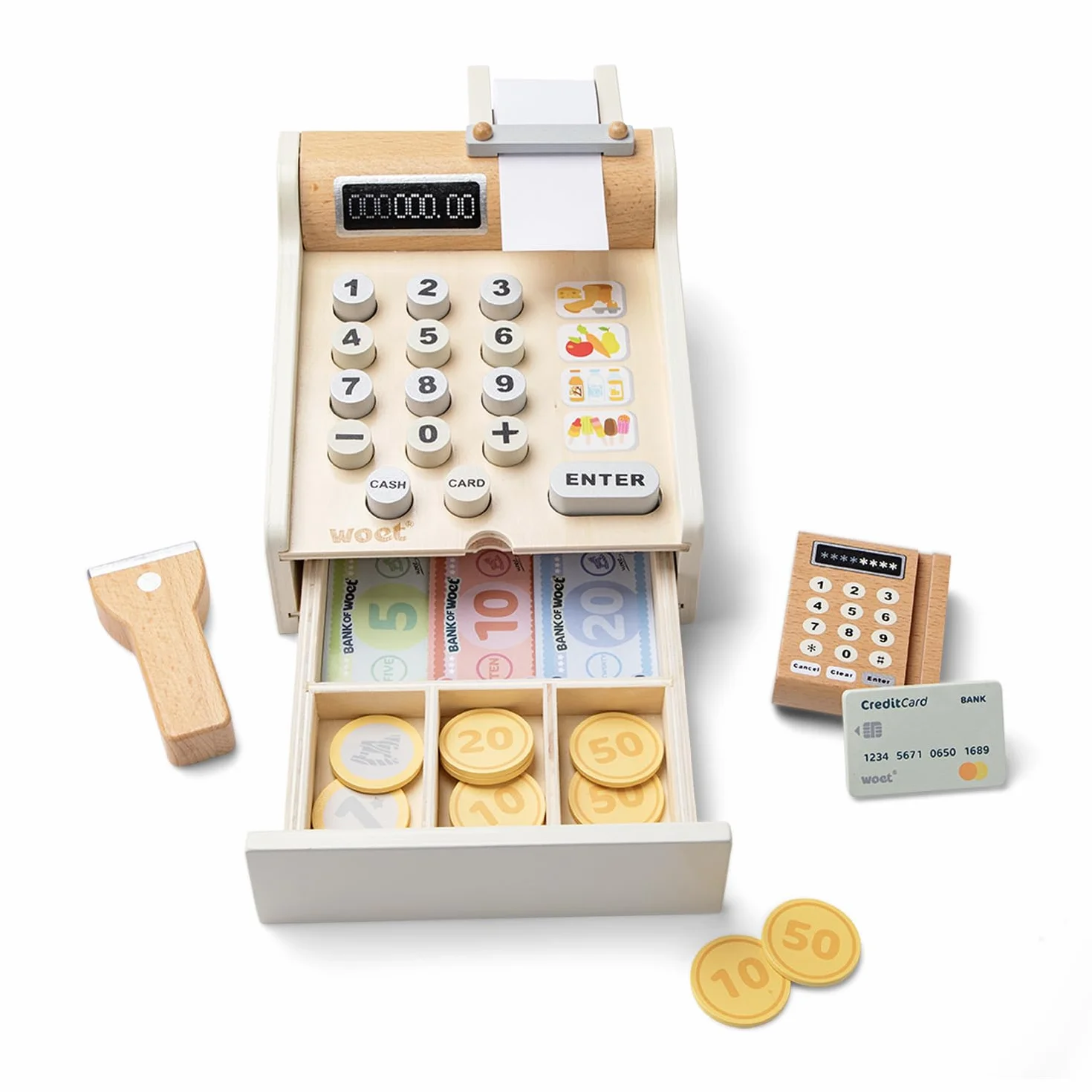 New Classic Toys 10651 kasa fiskalna, w zestawie pieniądze do gry, skaner i karta bankowa, akcesoria do sklepu, z drewna, biała