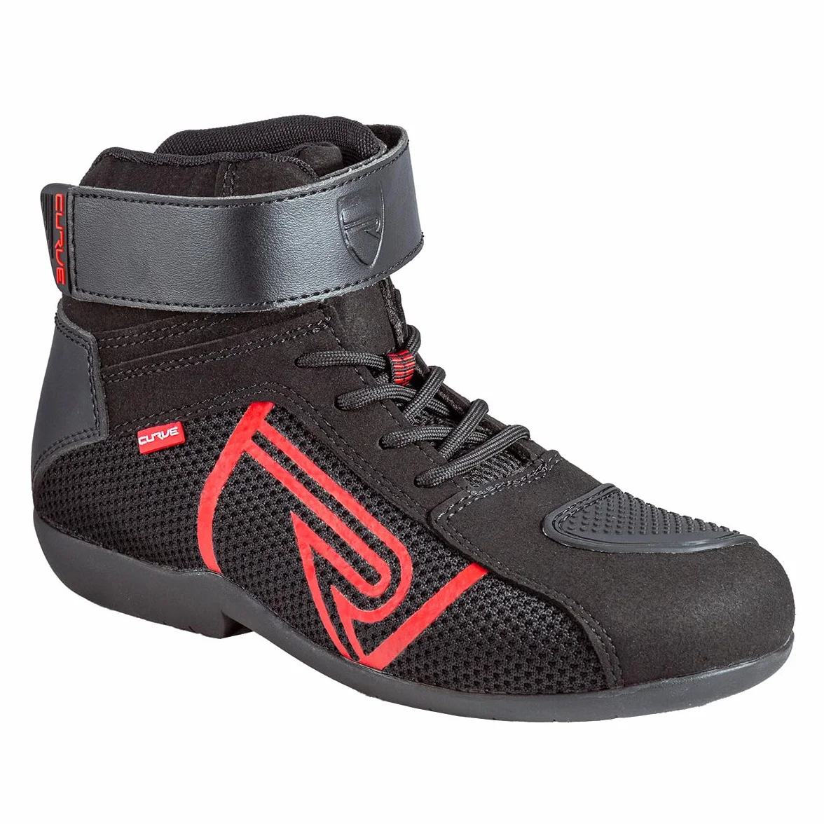 CURVE Czarne/czerwone buty motocyklowe Rubi | Mężczyzna i kobieta | Mikrofibra | Miejskie zastosowanie | Wzmocnienie zmiany biegów, czerwone detale, koronki, podeszwa antypoślizgowa | homologacja CE
