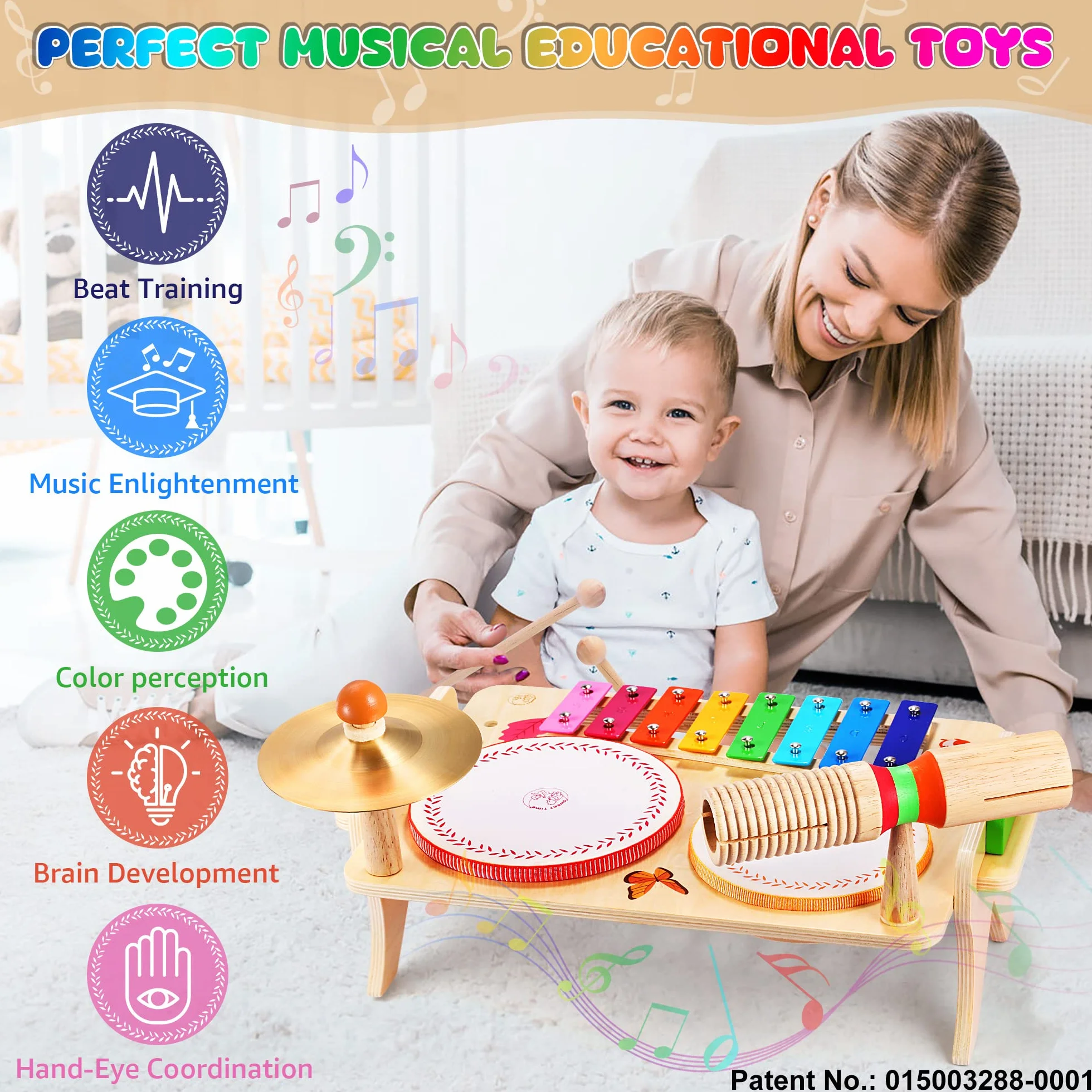 Sweet Time Bęben dla Niemowląt - Instrument Muzyczny, Zestaw Perkusyjny dla Dzieci, Drewniany Stół Muzyczny, Zabawki Montessori dla Chłopców i Dziewcząt