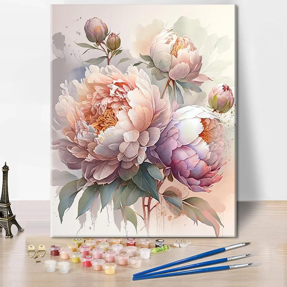 TISHIRON Zestaw do malowania według liczb – piwonie w stylu malarstwa olejnego, 40 x 50 cm, sztuka kwiatowa dla dorosłych i początkujących, w zestawie pędzle i farby akrylowe do eleganckiej dekoracji