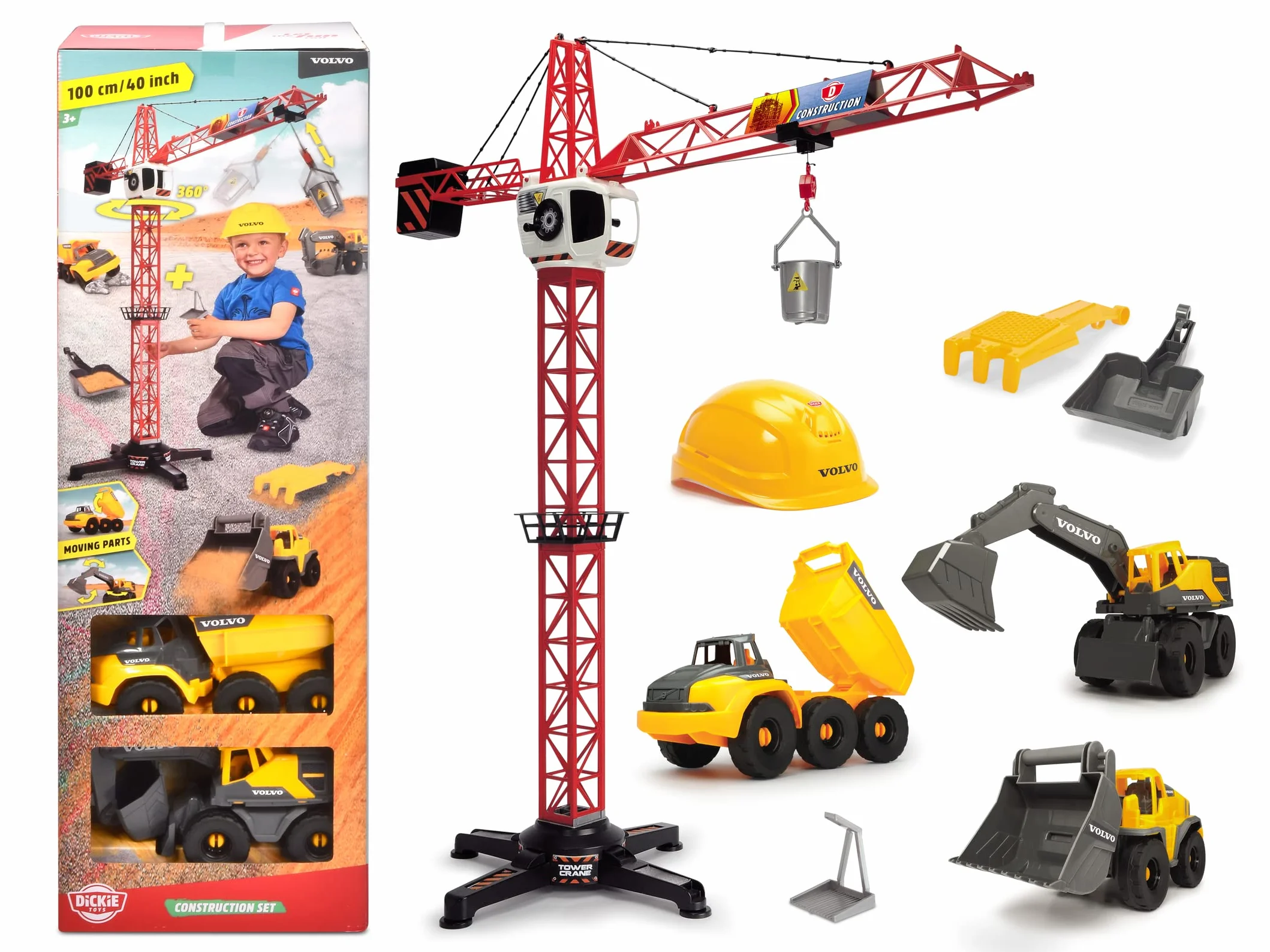 Dickie Toys - Volvo zabawka na plac budowy (zestaw 9-częściowy) dla dzieci od 3 lat, dźwig o wysokości 1 m, 3 pojazdy na placu budowy (ładowarka kołowa, koparka, wywrotka), zabawka do piasku i kask,