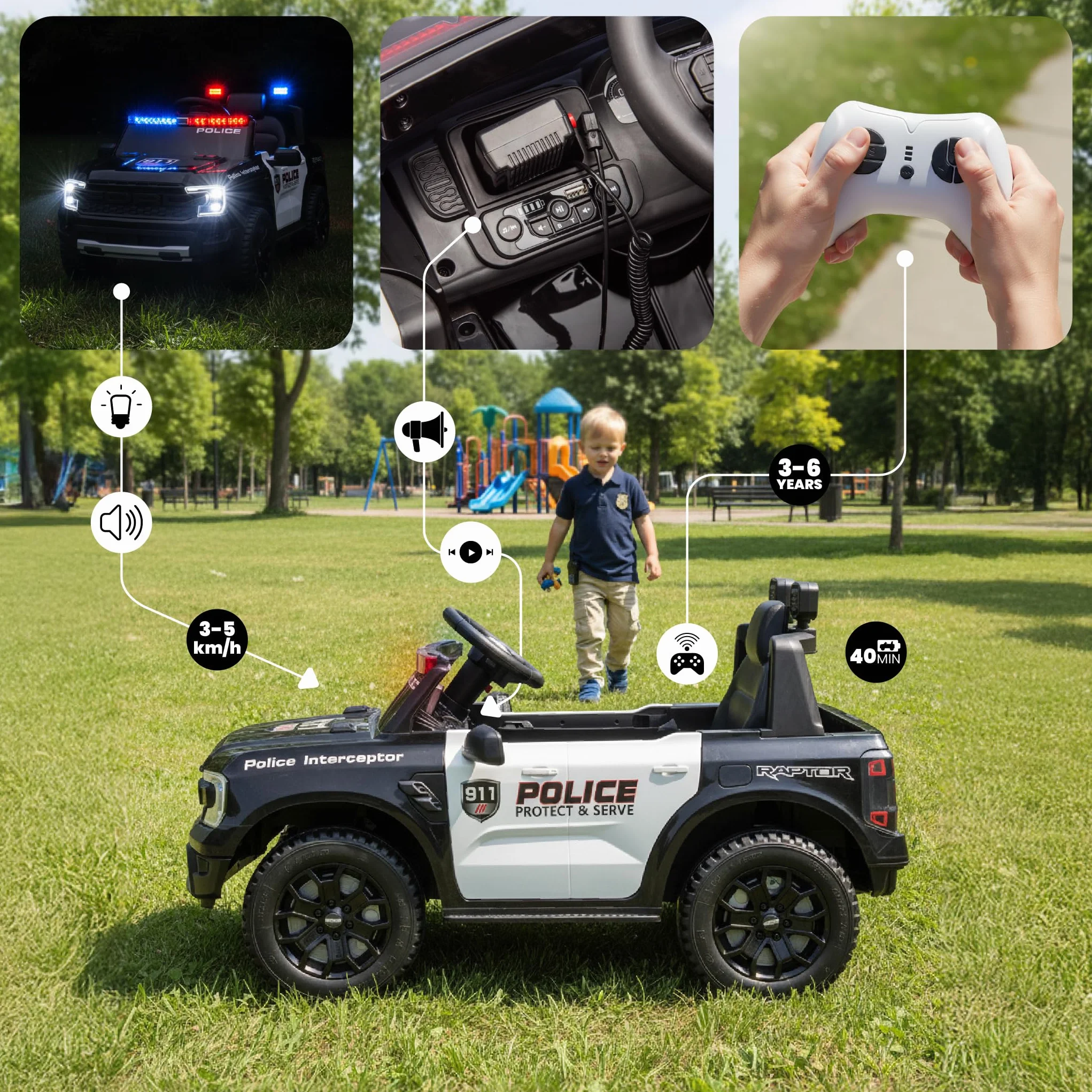Jeździk samochód na akumulator Ford, od 3 roku życia, światło przednie, pilot sterowania, odtwarzacz MP3, zawieszenie sprężynowe (Policja)
