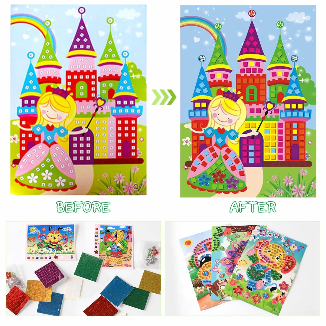 Wishstar Zestaw do majsterkowania dla dzieci, 12 sztuk samoprzylepnych mozaik, dla dzieci, brokatowe, wielokolorowe obrazy mozaiki papierowej, DIY, prezenty dla dziewcząt i chłopców od 4 lat