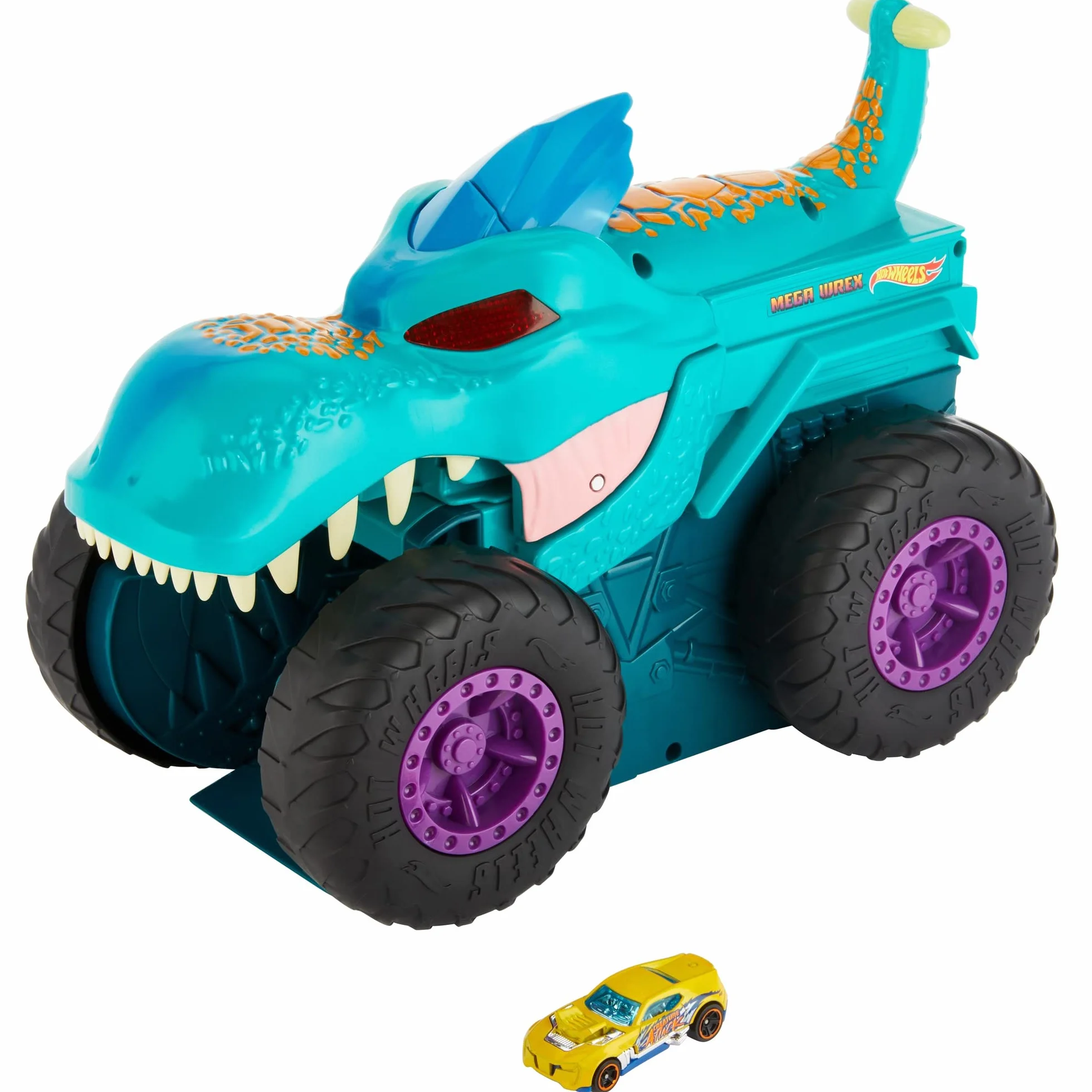Hot Wheels Monster Trucks Pożeracz aut Mega Wrex Duży pojazd ze światełkami i efektami dźwiękowymi, „pożera” i „wypuszcza” metalowe autka i Monster Trucki w skali 1:64, od 4 roku życia, GYL13