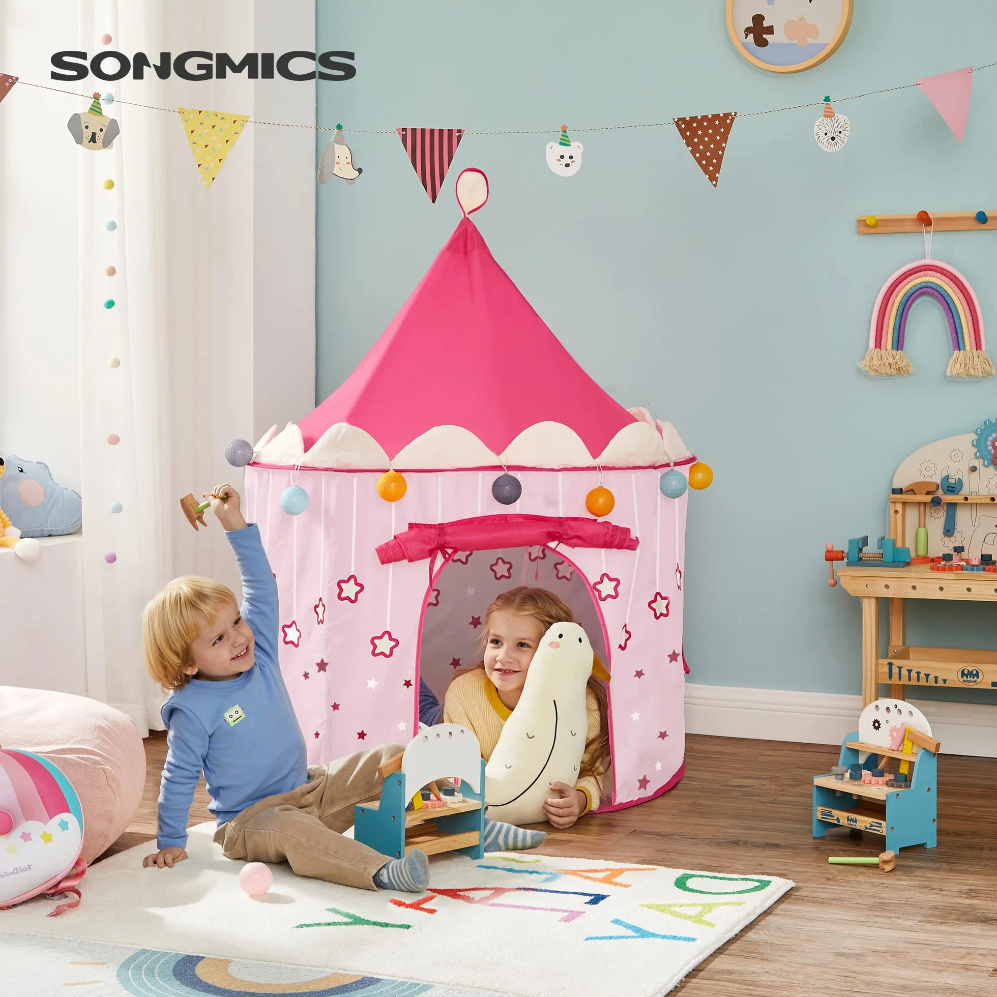 SONGMICS Namiot do zabawy, zamek księżniczki dla dziewczynek, małe dzieci, domek do zabawy wewnątrz i na zewnątrz, indyjski namiot tipi z torbą do noszenia, prezent dla dzieci, różowy LPT01PK