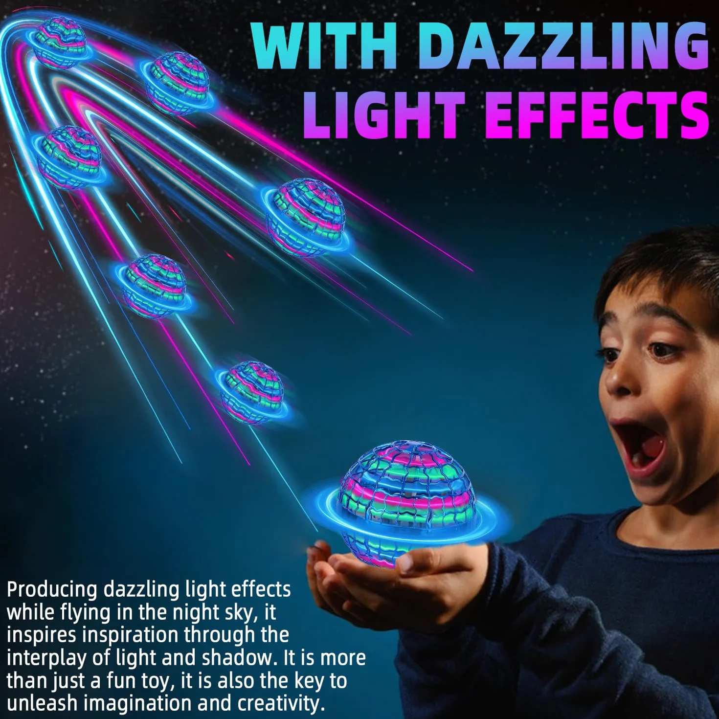 Latająca kula LED, Magic Flying Orb ze sterowaniem ręcznym, pływająca piłka Hoverball, świecący spinner, mini dron dla dzieci do użytku wewnątrz i na zewnątrz, fajna zabawka na prezent dla
