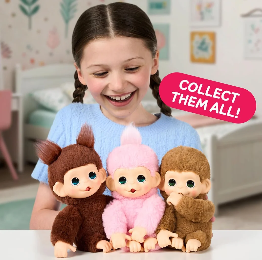 Little Live Pets Baby Monkey Minis – Luna Lemon. Interaktywna zabawka dla zwierząt domowych. Ponad 20 dźwięków i reakcji. Miękkie różowe futro. 18,8 cm wysokości. Karmić, pielęgnować. Reaguj