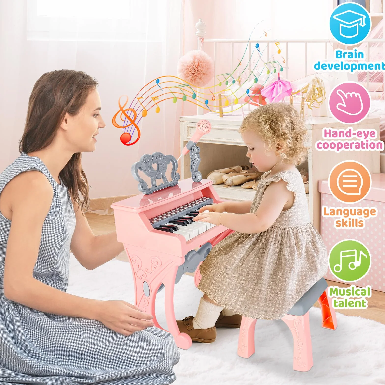 deAO Pianino dla dzieci, zabawki do muzycznej klawiatury fortepianowej dla dzieci, elektroniczna zabawka fortepianowa z stołkiem i mikrofonem, 25 klawiszy, 22 piosenki, różowy