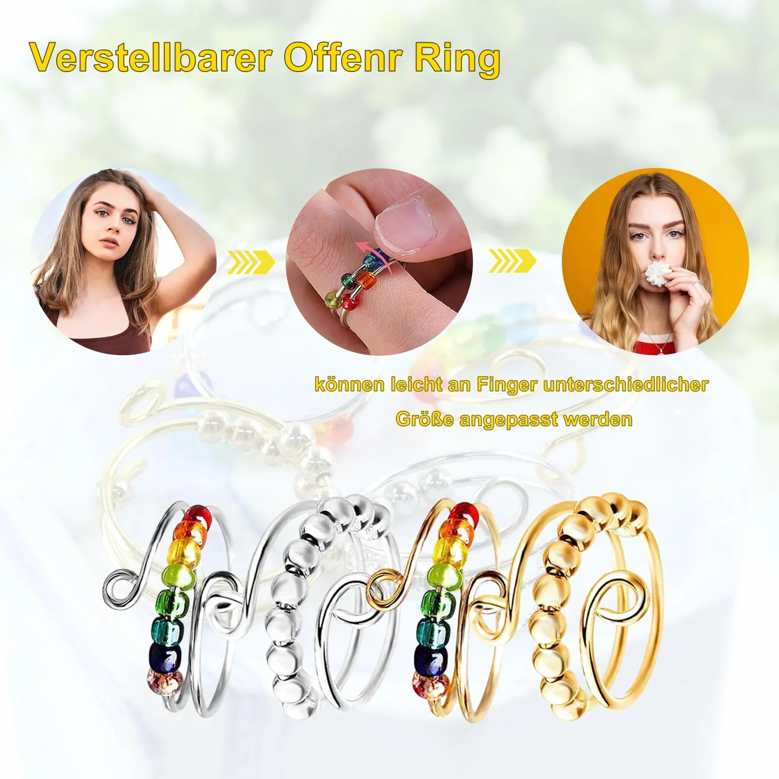4-częściowy zestaw pierścionków z otwartymi pierścieniami, Fidget Spinner pierścienie, antystresowe, dekompresyjne, regulowane pierścionki przeciwbólowe dla dziewcząt i kobiet, łagodzące stres i