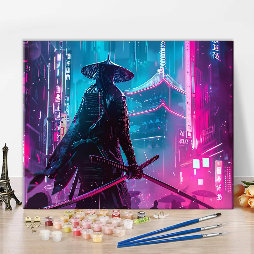 TISHIRON Malowanie po numerach, zestaw do wykonania obrazu olejnych typu „zrób to sam”, nowoczesne malarstwo z samurajem, cyberpunk fantasy, dla dorosłych, początkujących, z pędzlami, 40 x 50 cm