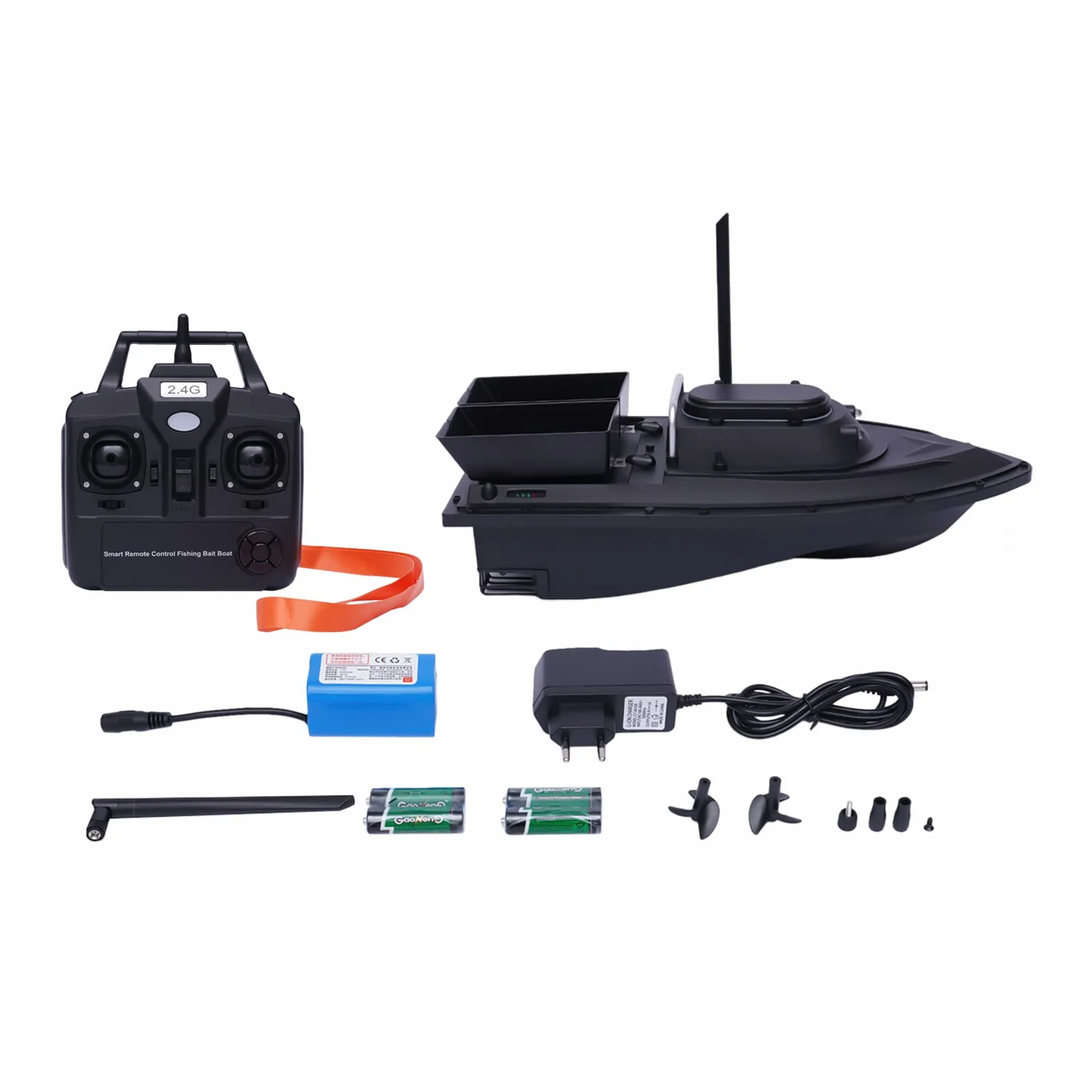Łódź karmowa Rc łódź przynęta wędkarska, z pilotem zdalnego sterowania, czarna 7,4 V, 5200 mAh