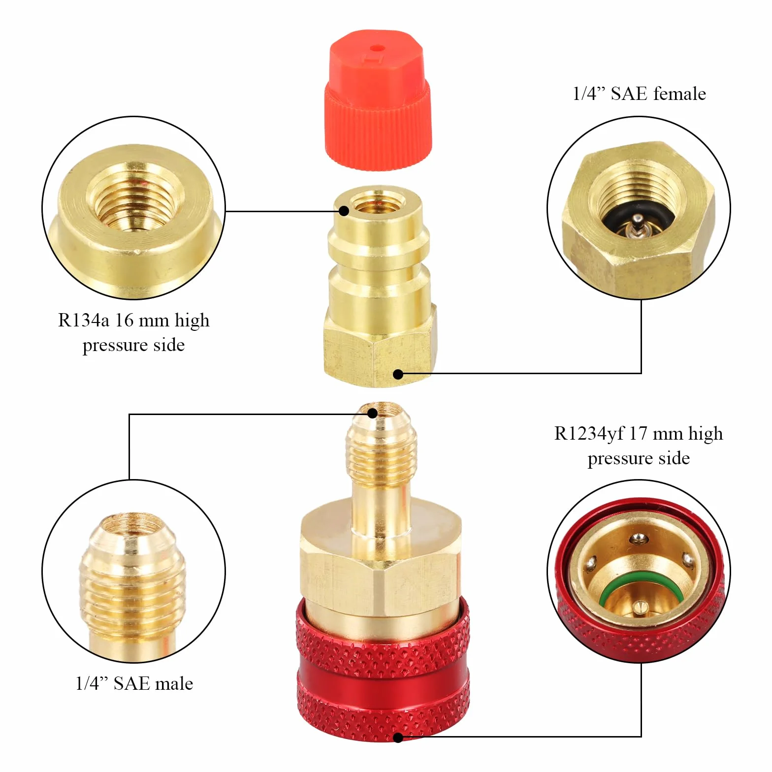 R1234yf-auf-R134a, zestaw szybkozłączek, R1234yf, wkład do środka chłodniczego z adapterem High/Low Side, adapter R1234yf/R134a klimatyzator samochodowy, system chłodniczy, ewakuacja i ładowanie
