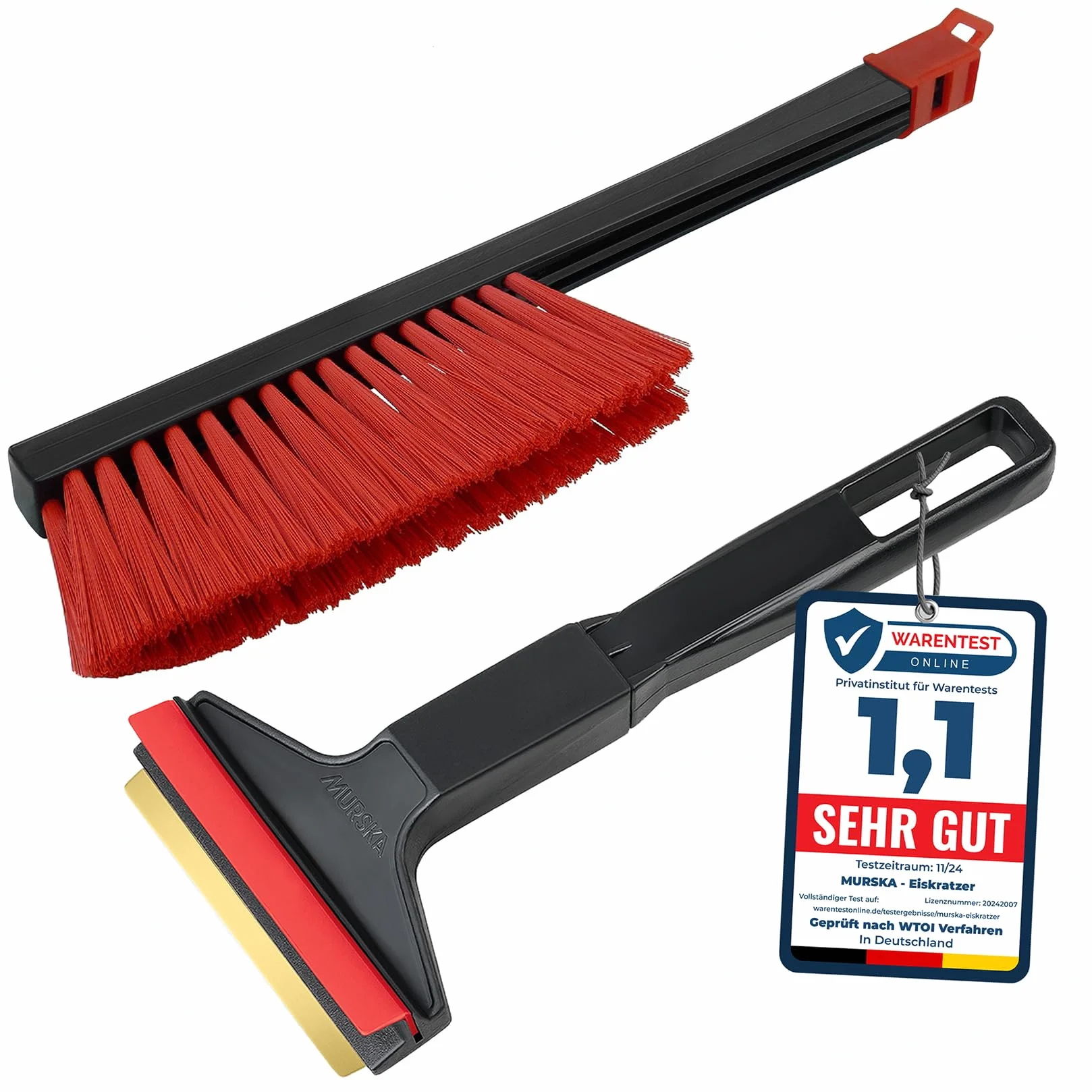 Skrobaczka do Szyb Samochodowych & Szczotka do śniegu - Murska – Zestaw - szybko i prosto – 21cm skrobaczka mosiężna do lodu – praktyczny skrobak mróz miotłą do sniegu z Finlandii (czarny czerwony)
