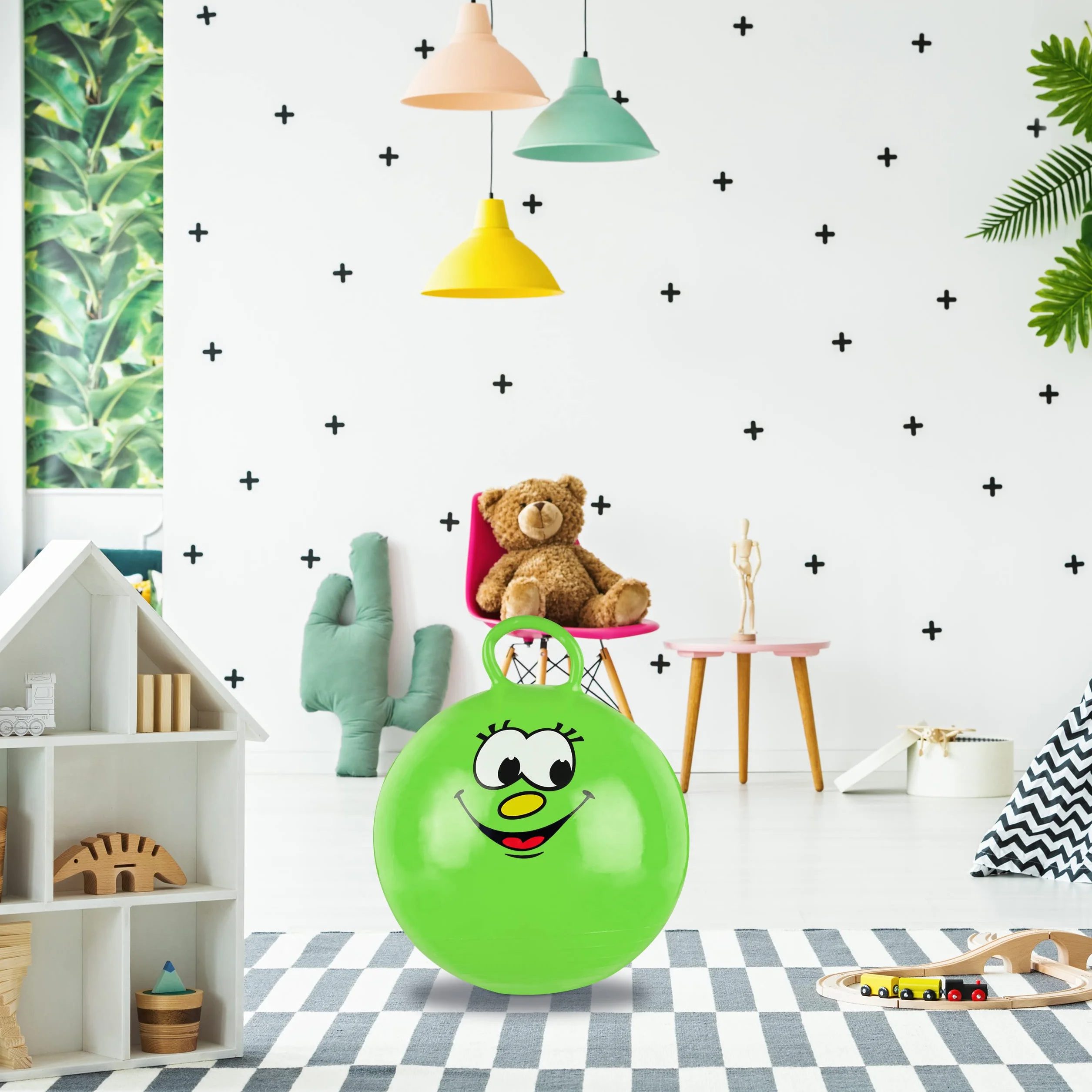 Relaxdays Piłka do skakania dla dzieci, z twarzą, z uchwytem, Ø 45 cm, do wewnątrz i na zewnątrz, piłka do skakania do 150 kg, zielona