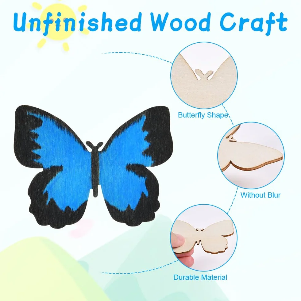 Ainiv 24 szt. DIY Drewniany motyl, Drewniane zestawy do robótek ręcznych z motylami z kredką akwarelową i samoprzylepnym kamieniem szlachetnym, Rękodzieło DIY, Prezenty dla dziewcząt i chłopców