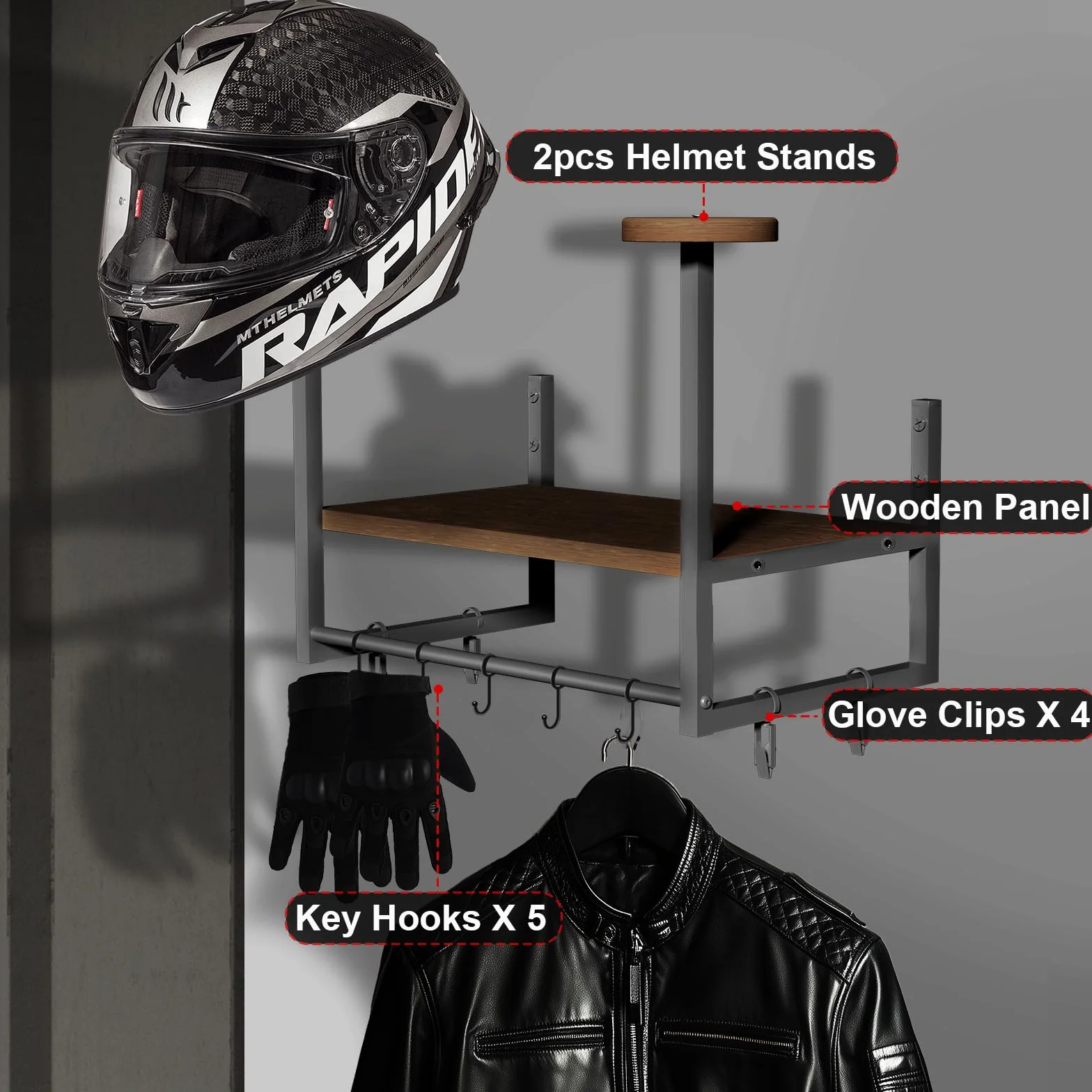 Uchwyt na kask motocyklowy, montowany na ścianie, jednowarstwowy uchwyt na kask retro, wykonany z żelaza i drewna, do przechowywania akcesoriów motocyklowych