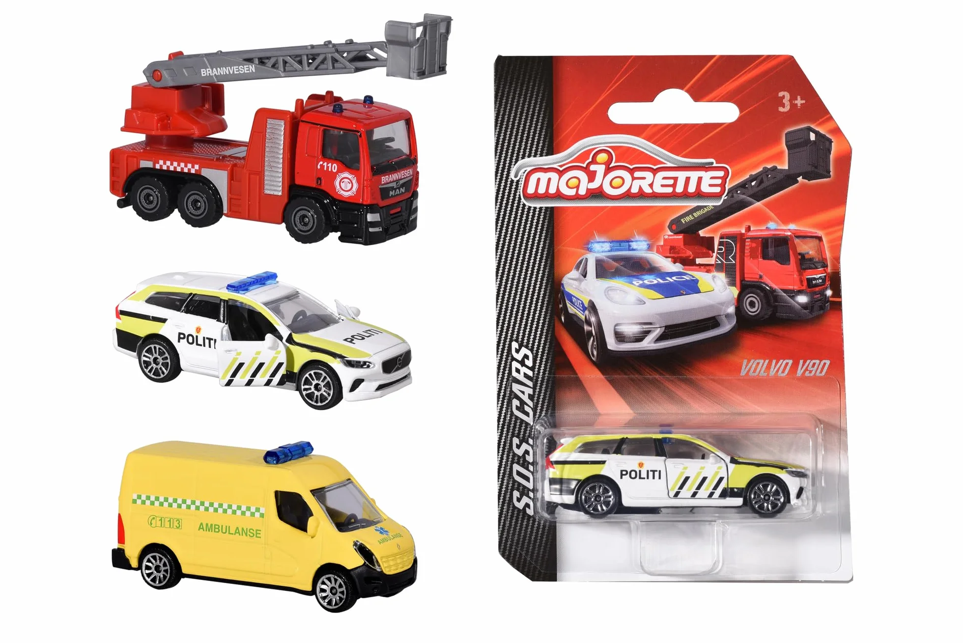 Majorette 212057182007 Norweskie pojazdy ratownicze Norweskie pojazdy ratownicze, dostępne jako wóz strażacki, samochód policyjny Volvo V90 lub karetka pogotowia ratunkowa, 7,5 cm, ab 3 (różne)