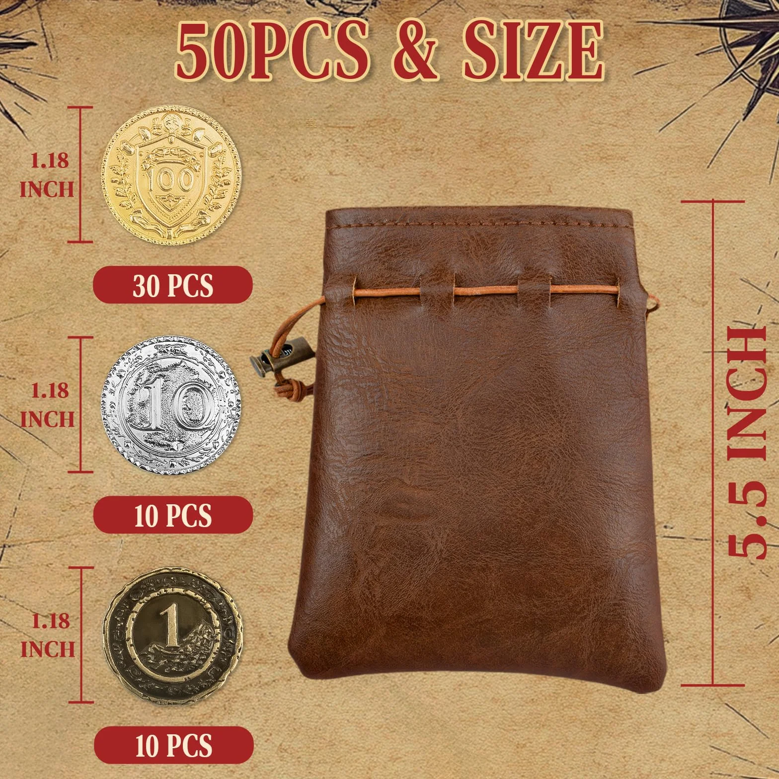 Byhoo 50 metalowych monet DND, 3 cm złote srebrne miedziane żetony o wartości nominalnej do gier planszowych i RPG stołowych, fantastyczne metalowe monety na piracką grę imprezę cosplay