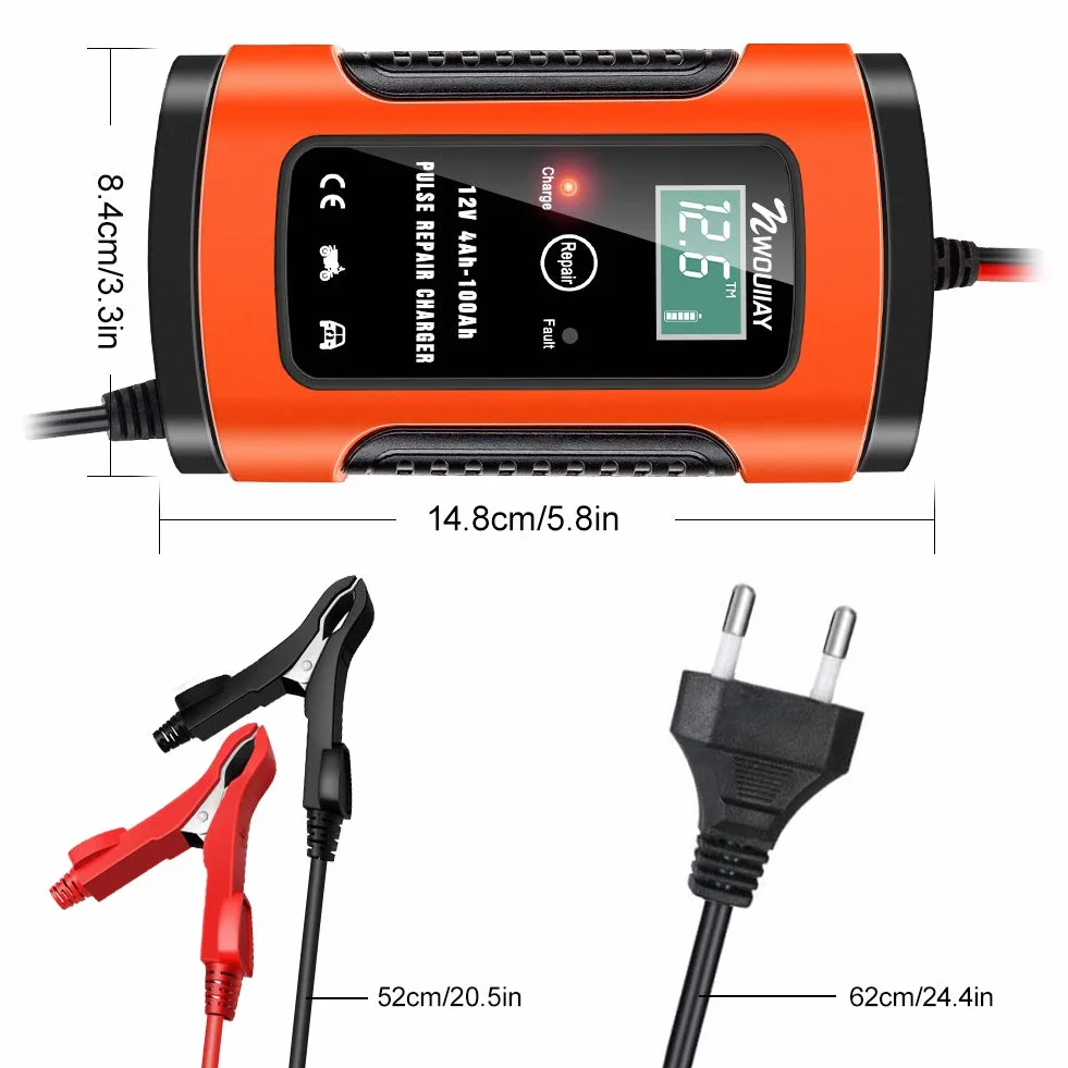 Ładowarka samochodowa 6 A/12 V, inteligentna ładowarka z ekranem LCD, akumulator samochodowy i ładowarka do akumulatora motocyklowego