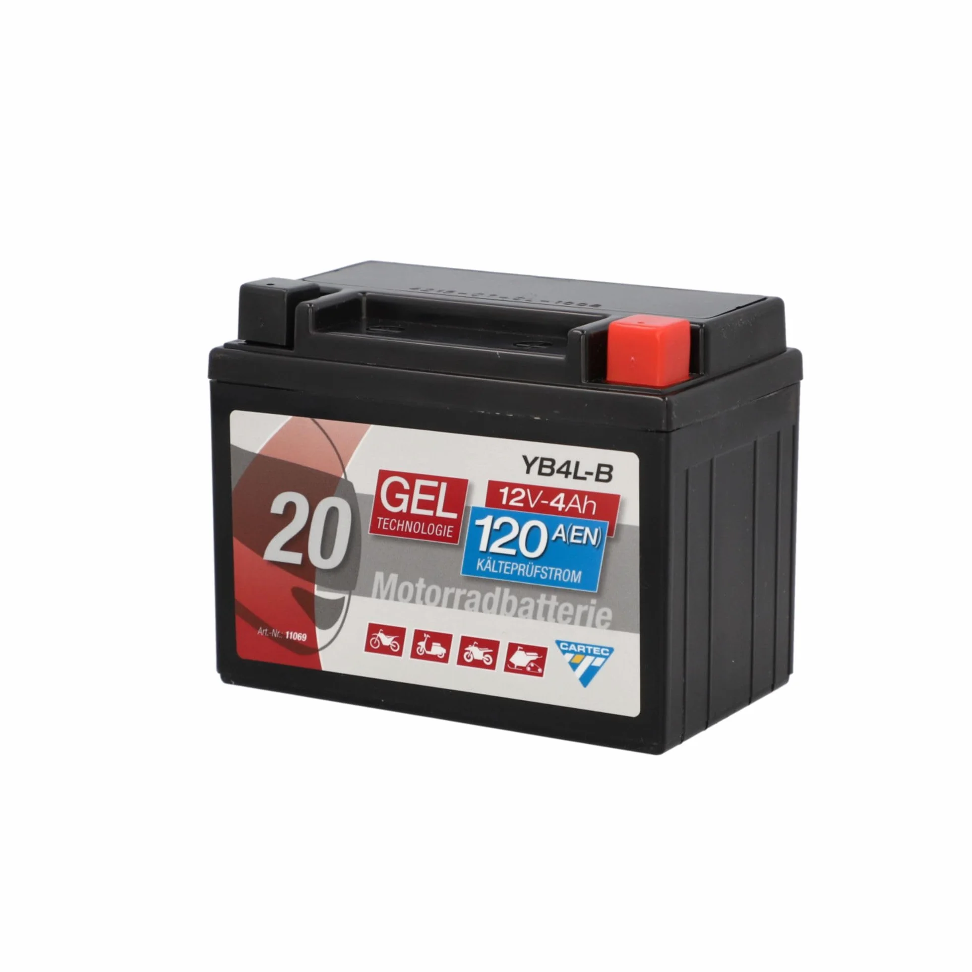CARTEC Akumulator motocyklowy YB4L-B, 4 Ah 120 A, technologia żelowa, jakość OEM, odporny na cykl, możliwość przechowywania, bezobsługowy, czarny