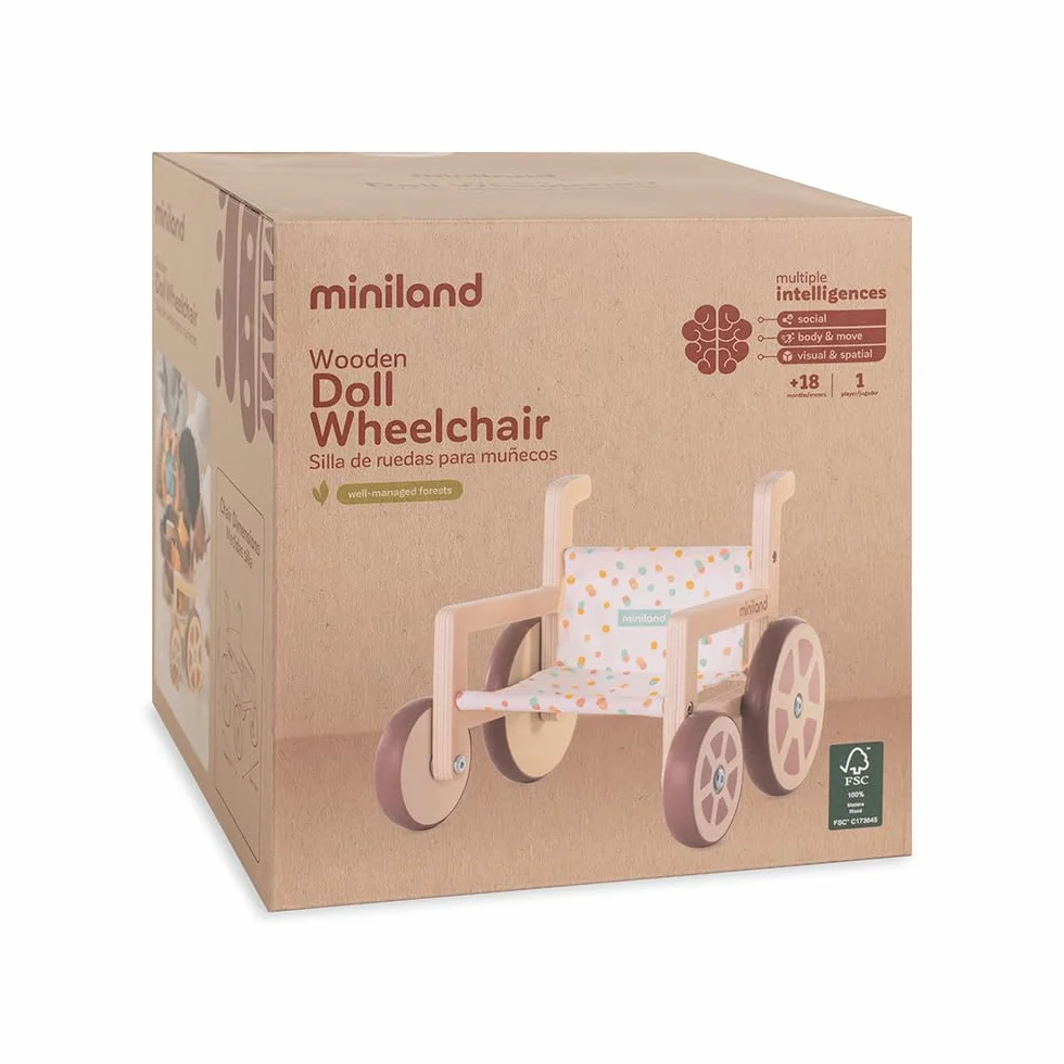 Miniland Wózek inwalidzki z materiałów przyjaznych dla środowiska dla lalek do 38 cm. Włączenie.