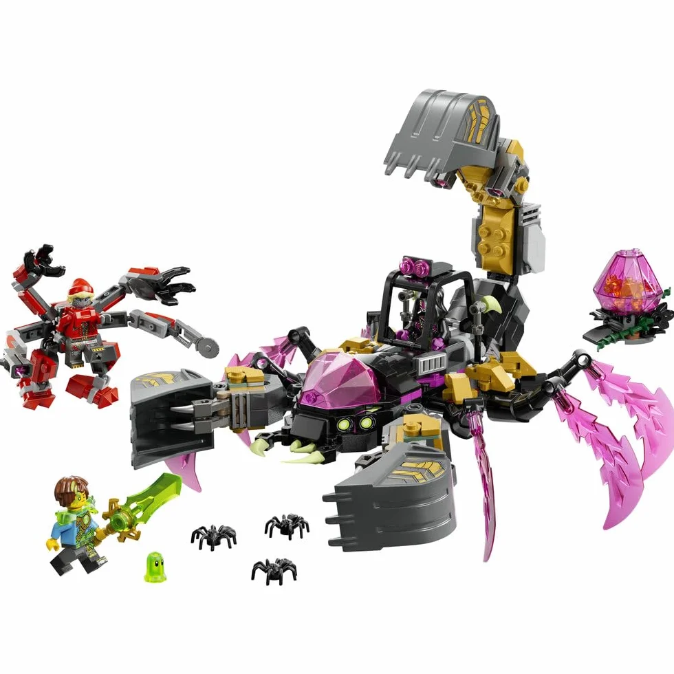 LEGO DREAMZzz Koszmarna skorpionowa koparka, zabawka dla dzieci z 3 minifigurkami, dwie opcje budowania, prezent na urodziny dla chłopców i dziewczynek w wieku od 7 lat, dekoracja fantasy 71513