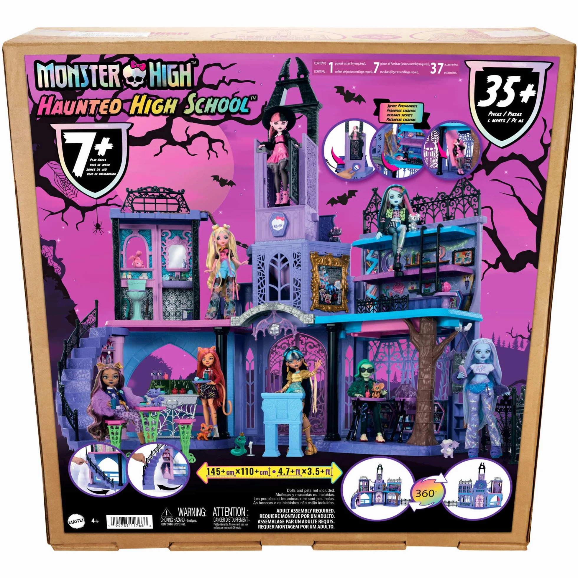 Monster High Szkoła Monster High Straszyceum Domek dla lalek Zabawka Zestaw dla dzieci w wieku od 4 lat z 7 obszarami zabawy i ponad 35 elementami, takimi jak mebelki i akcesoria, HLP88