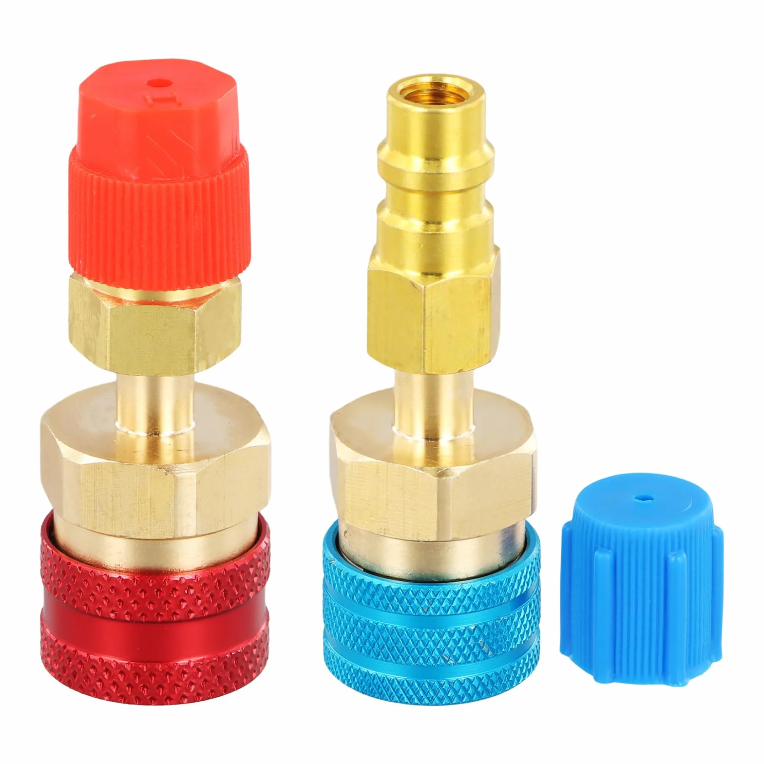 R1234yf-auf-R134a, zestaw szybkozłączek, R1234yf, wkład do środka chłodniczego z adapterem High/Low Side, adapter R1234yf/R134a klimatyzator samochodowy, system chłodniczy, ewakuacja i ładowanie