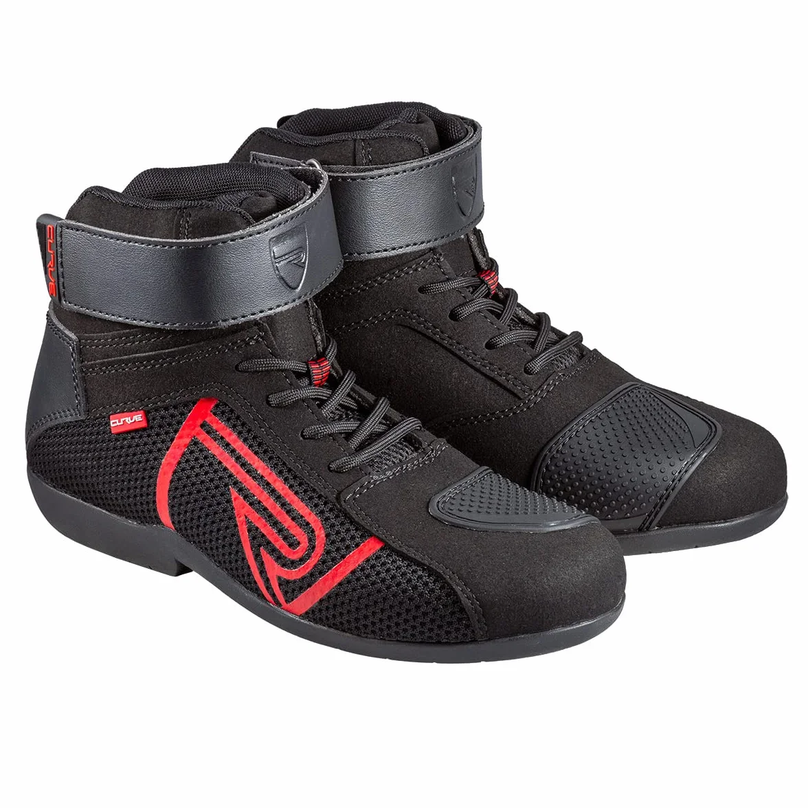 CURVE Czarne/czerwone buty motocyklowe Rubi | Mężczyzna i kobieta | Mikrofibra | Miejskie zastosowanie | Wzmocnienie zmiany biegów, czerwone detale, koronki, podeszwa antypoślizgowa | homologacja CE